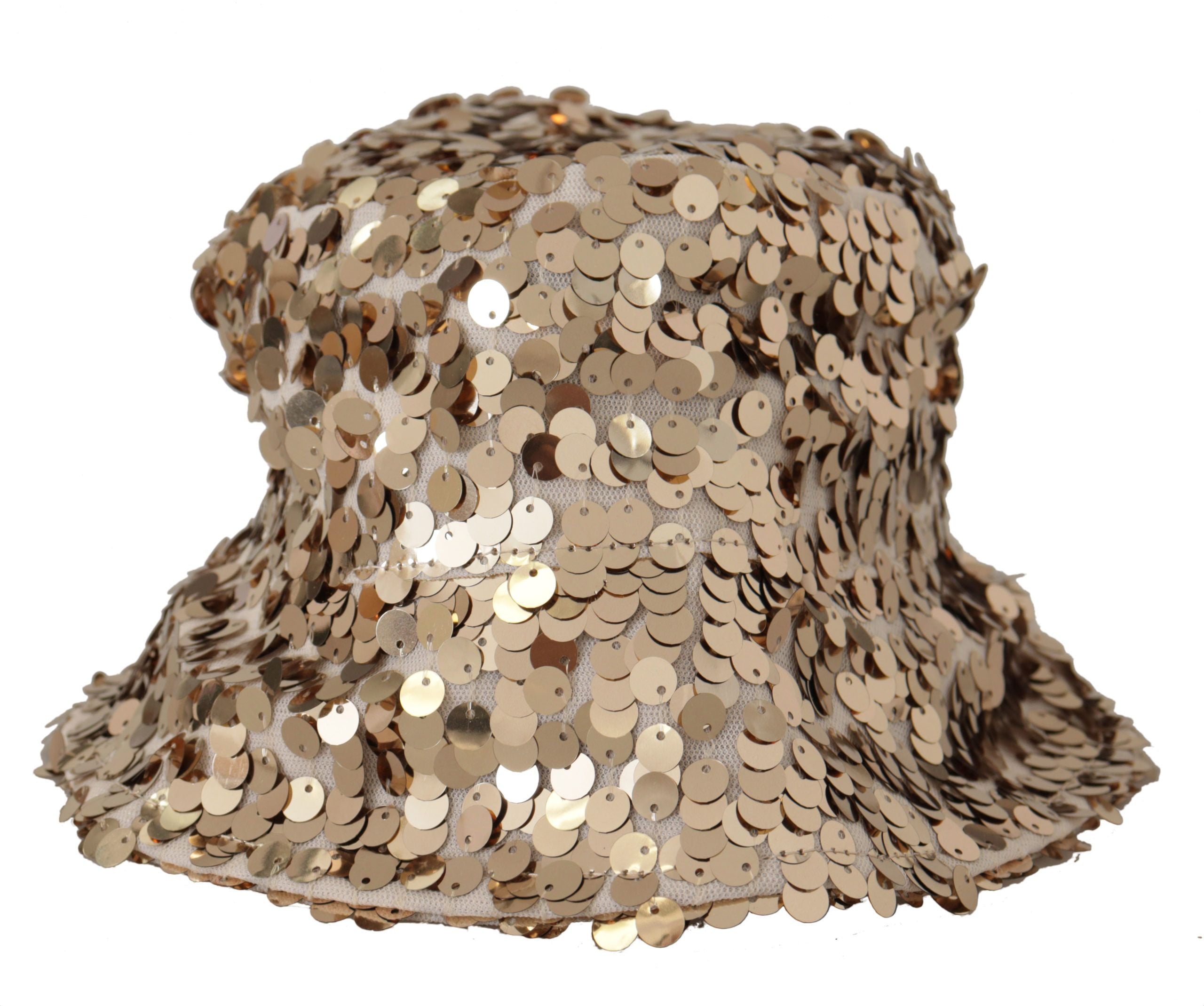 Gold Silk Sequin Embellished Designer Brim Bucket Hat - ventzia