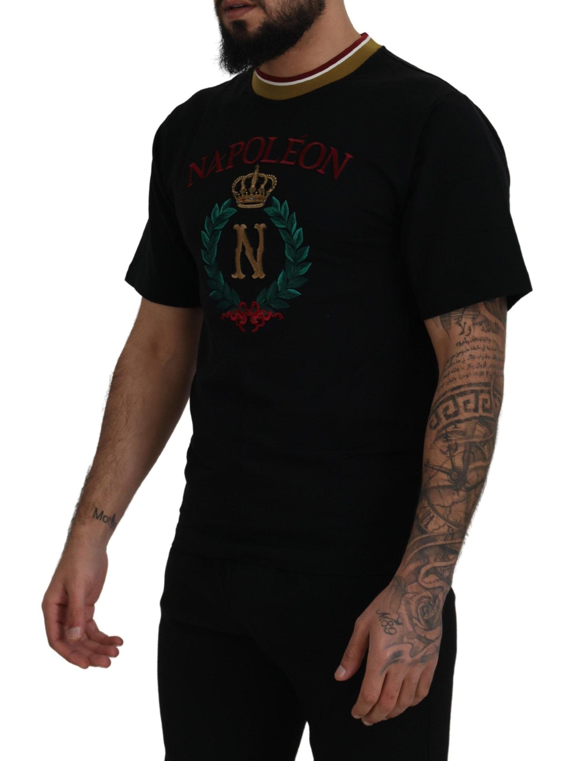 Black Cotton Embroidered Crewneck T-shirt - ventzia
