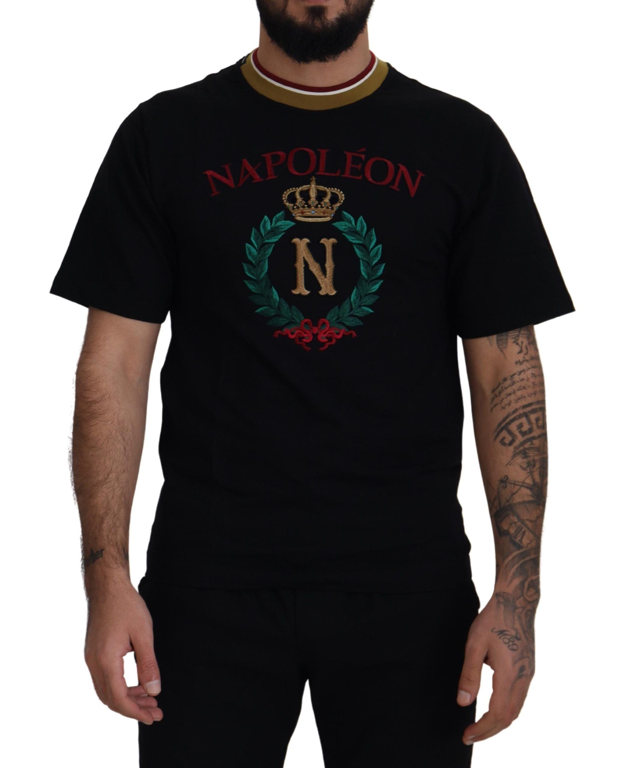 Black Cotton Embroidered Crewneck T-shirt - ventzia