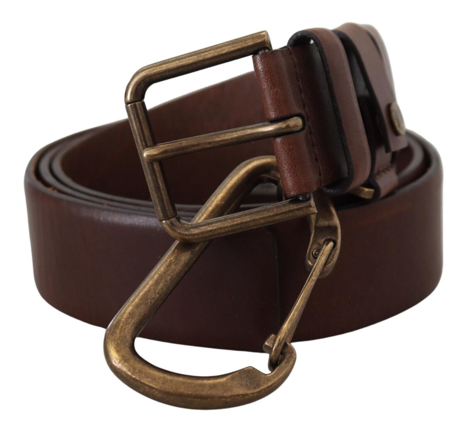 Brown Leather Gold Metal Buckle Carabiner Belt - ventzia
