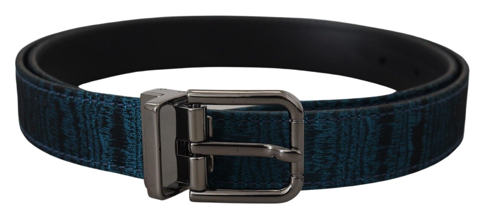 Blue Jacquard Moire Silver Metal Belt Men - ventzia