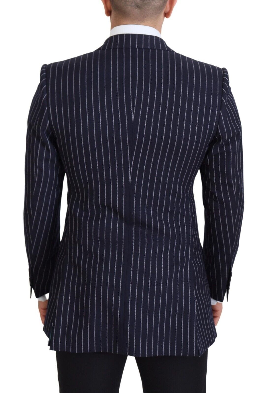 Dark Blue Stripe Wool Single Breasted Blazer - ventzia