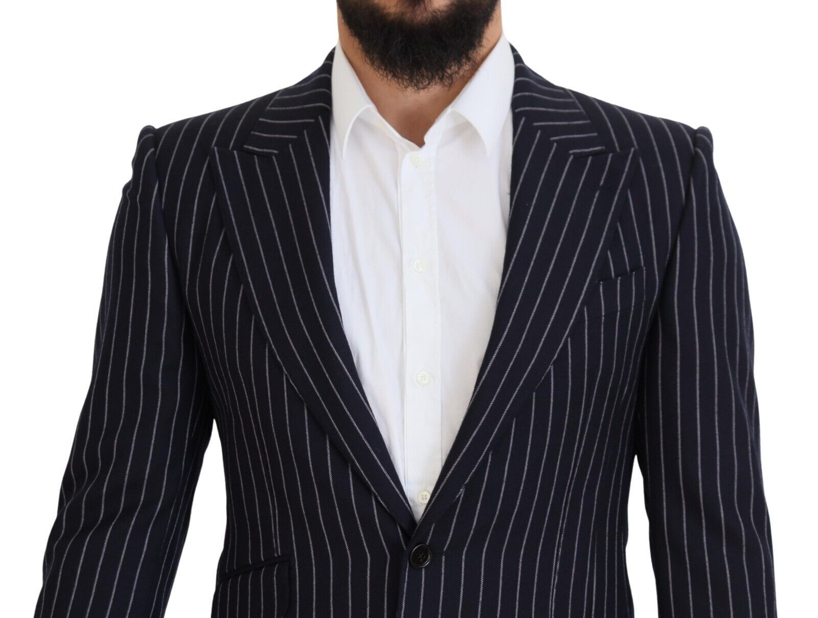Dark Blue Stripe Wool Single Breasted Blazer - ventzia