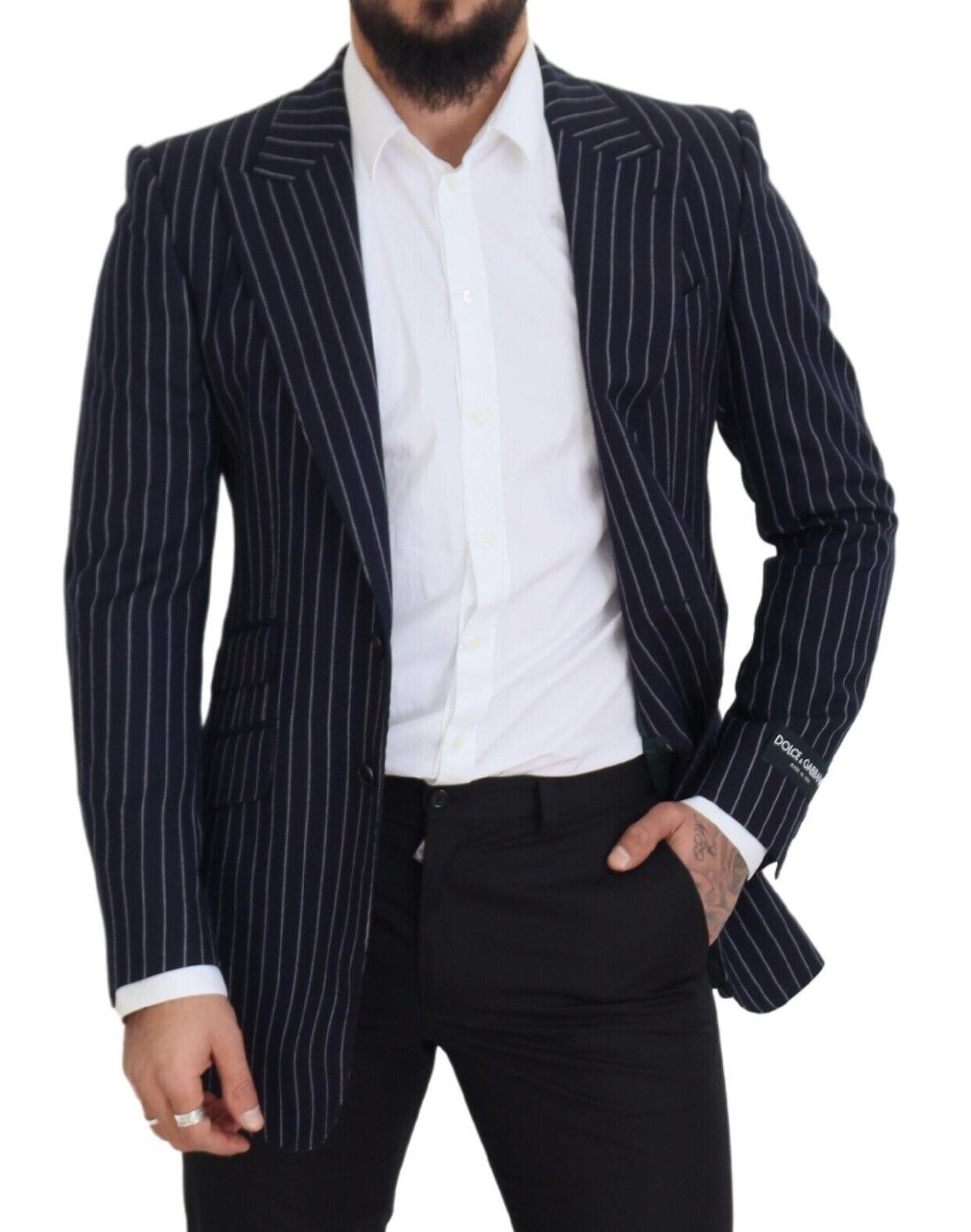 Dark Blue Stripe Wool Single Breasted Blazer - ventzia