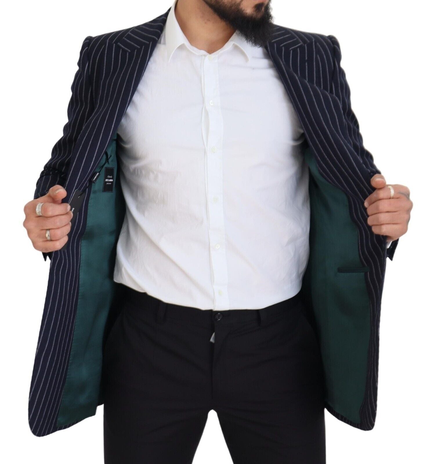 Dark Blue Stripe Wool Single Breasted Blazer - ventzia