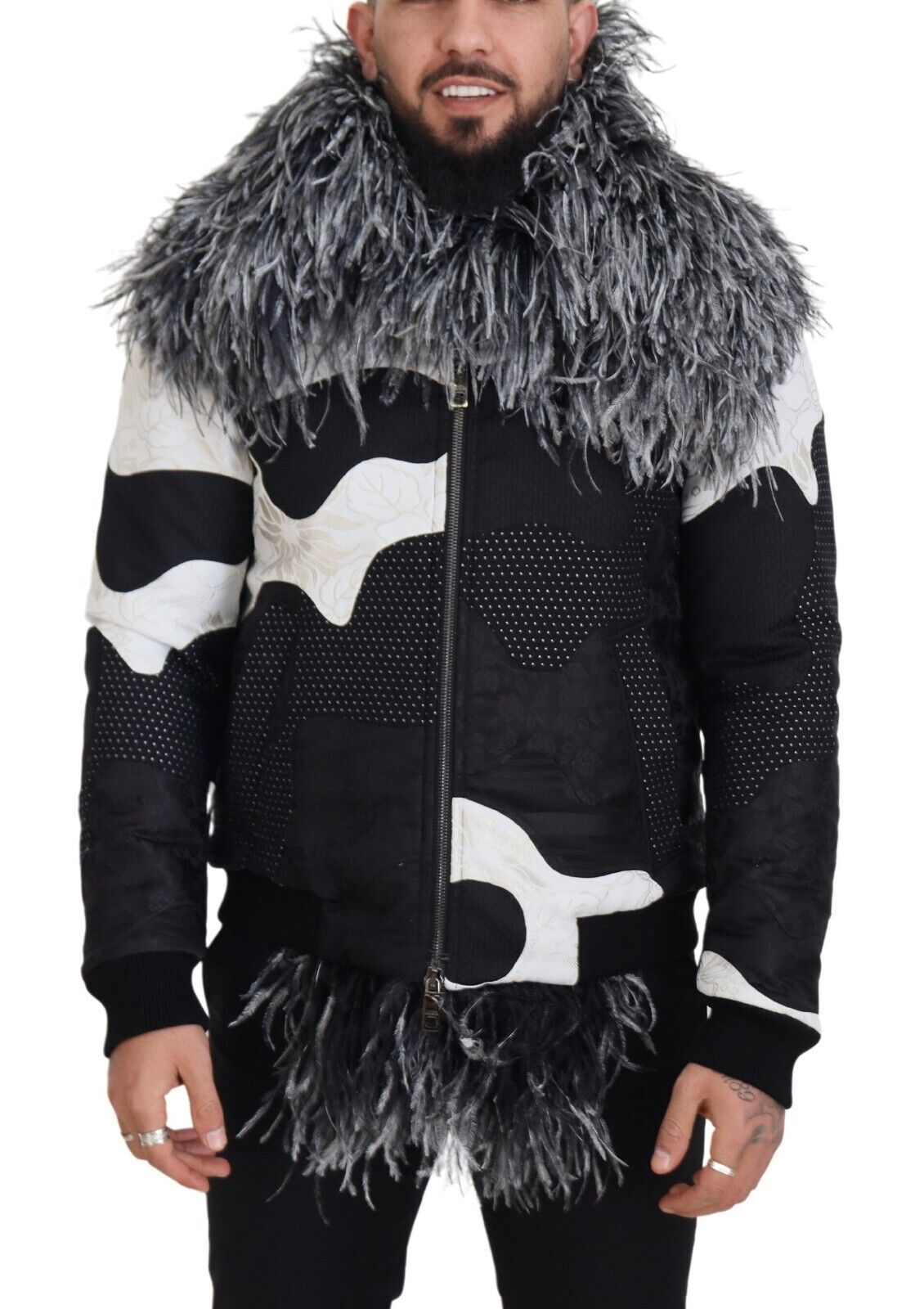 Black White Fur Shearling Full Zip Jacket - ventzia