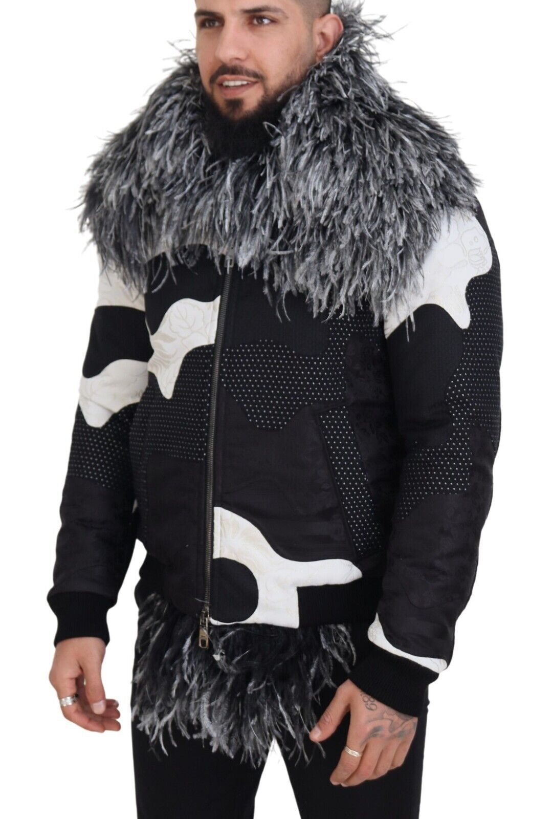 Black White Fur Shearling Full Zip Jacket - ventzia