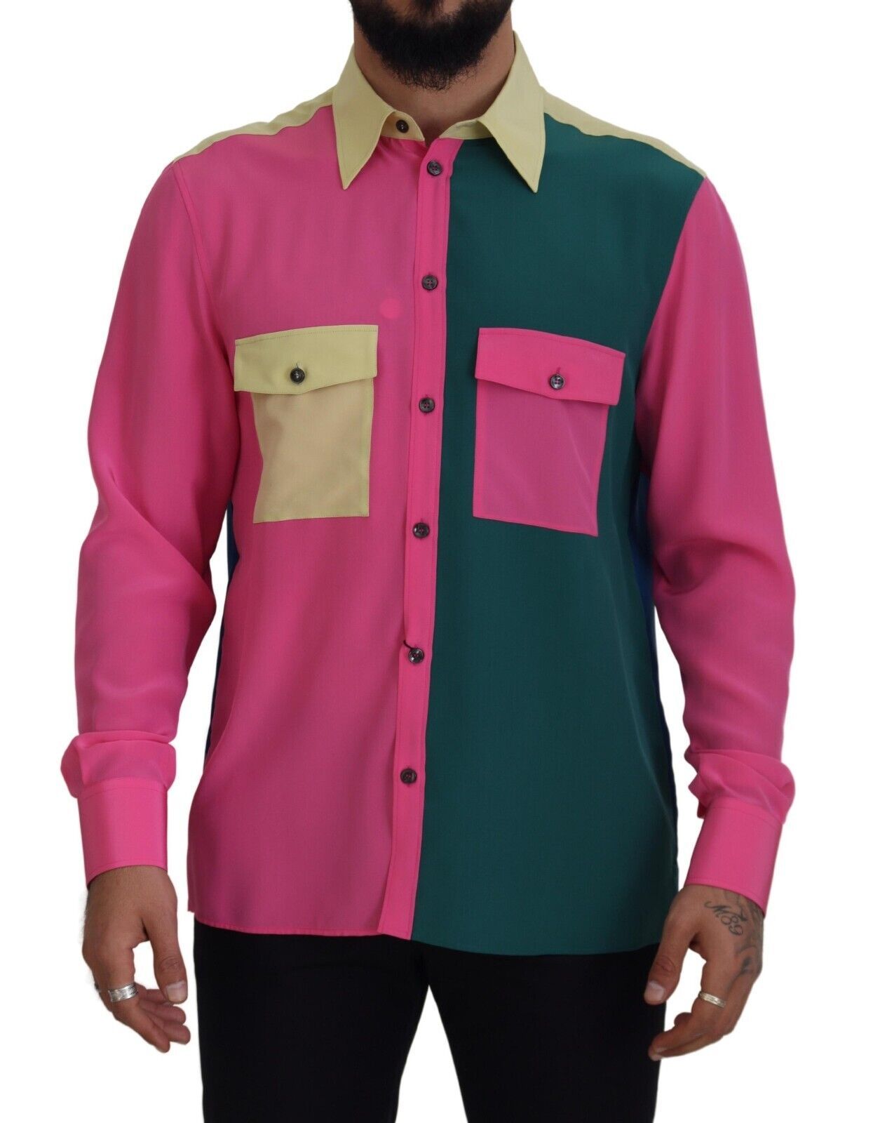 Multicolor Patchwork Silk Button Down Shirt - ventzia