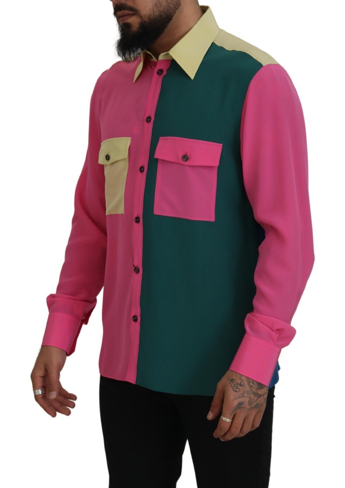 Multicolor Patchwork Silk Button Down Shirt - ventzia