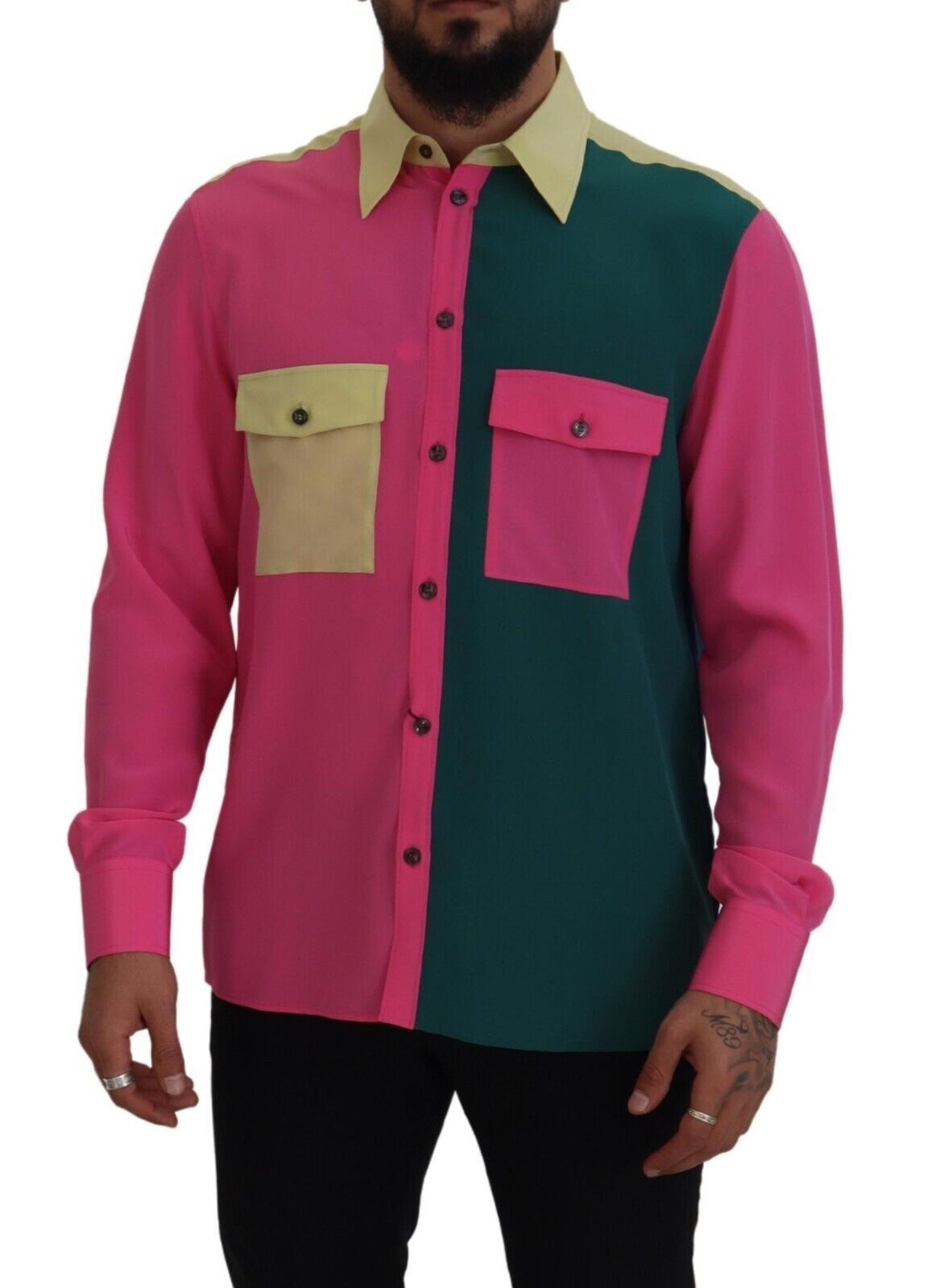 Multicolor Patchwork Silk Button Down Shirt - ventzia