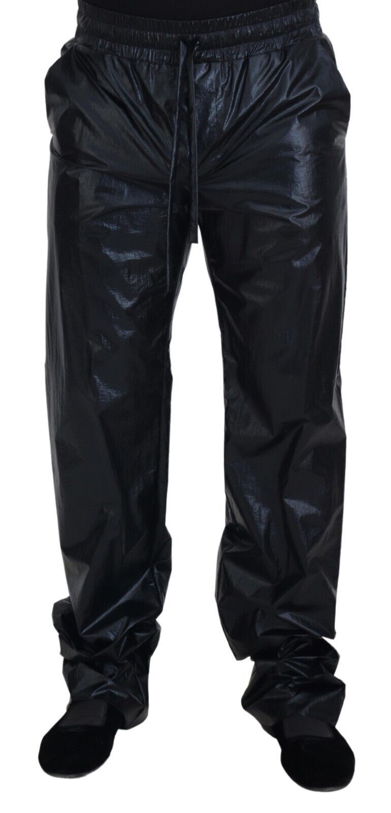 Black Shining Drawstring Trouser Nylon Pants - ventzia