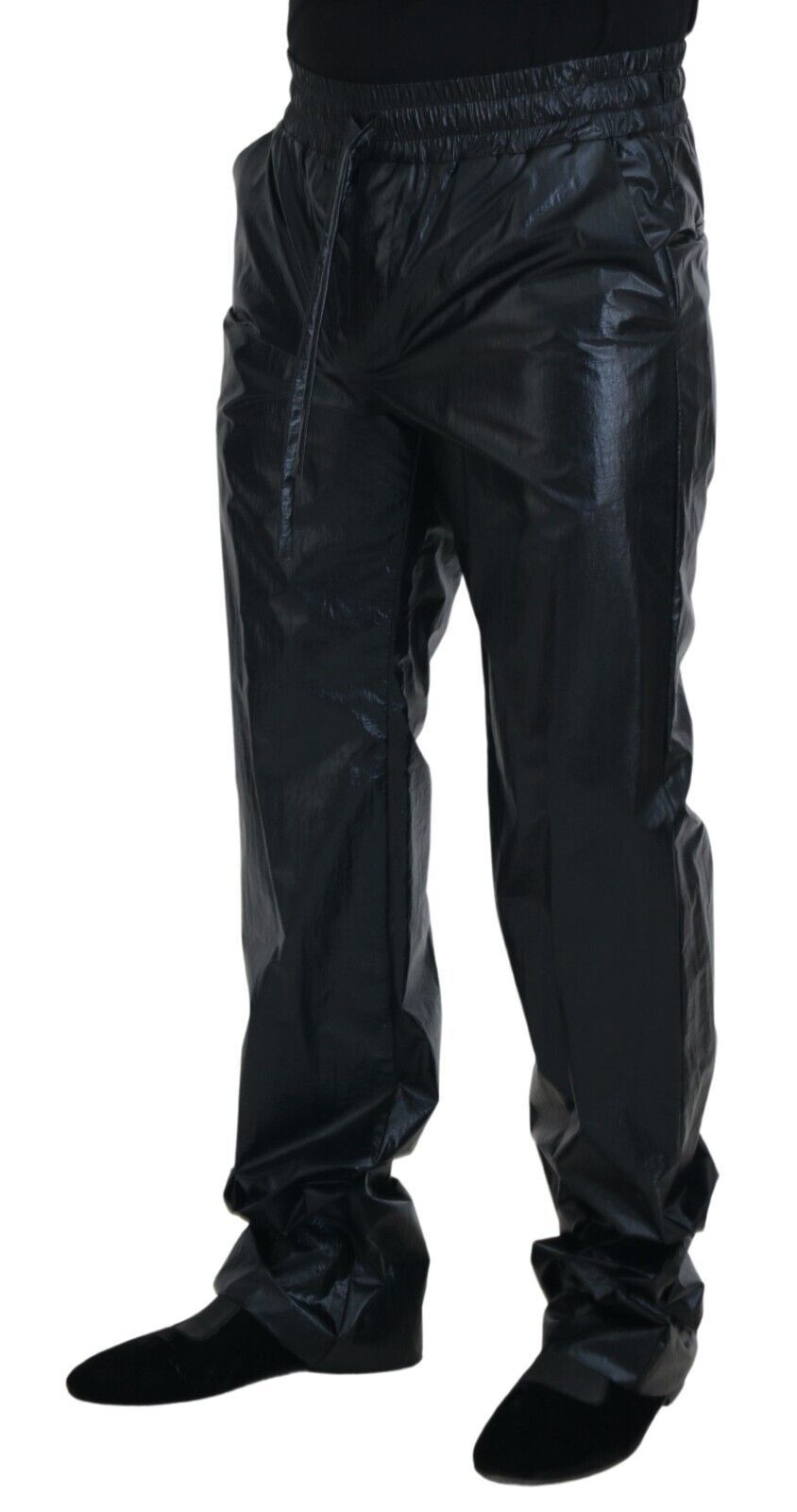 Black Shining Drawstring Trouser Nylon Pants - ventzia