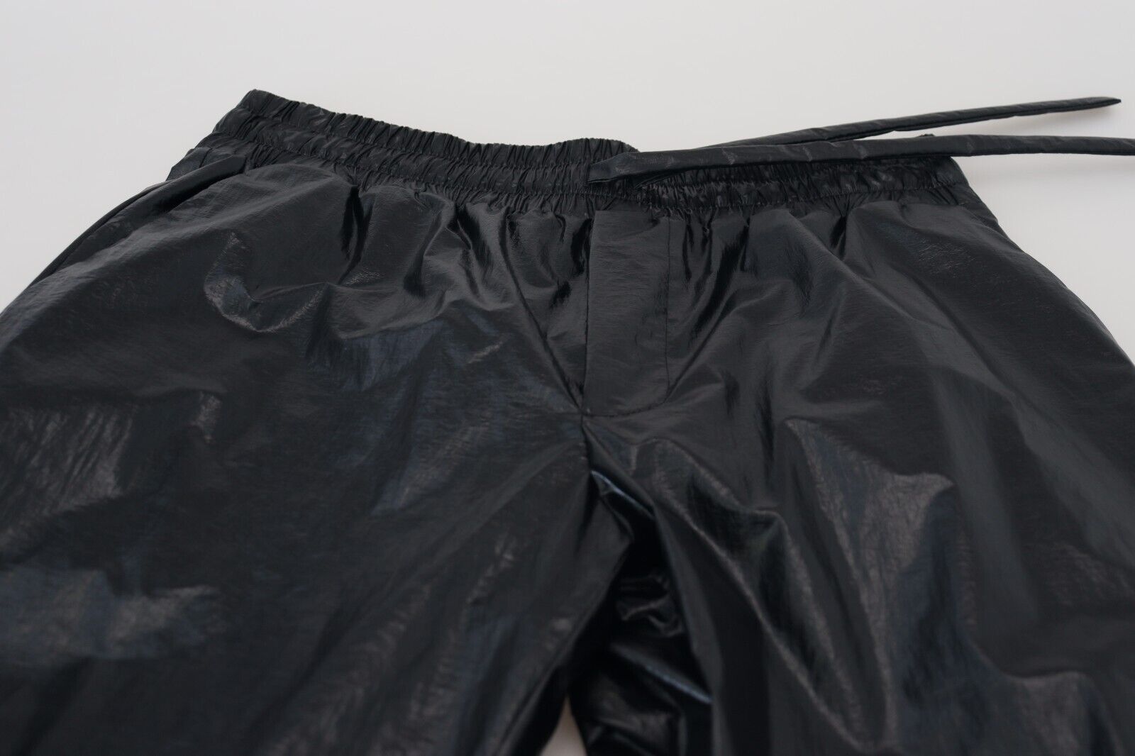 Black Shining Drawstring Trouser Nylon Pants - ventzia
