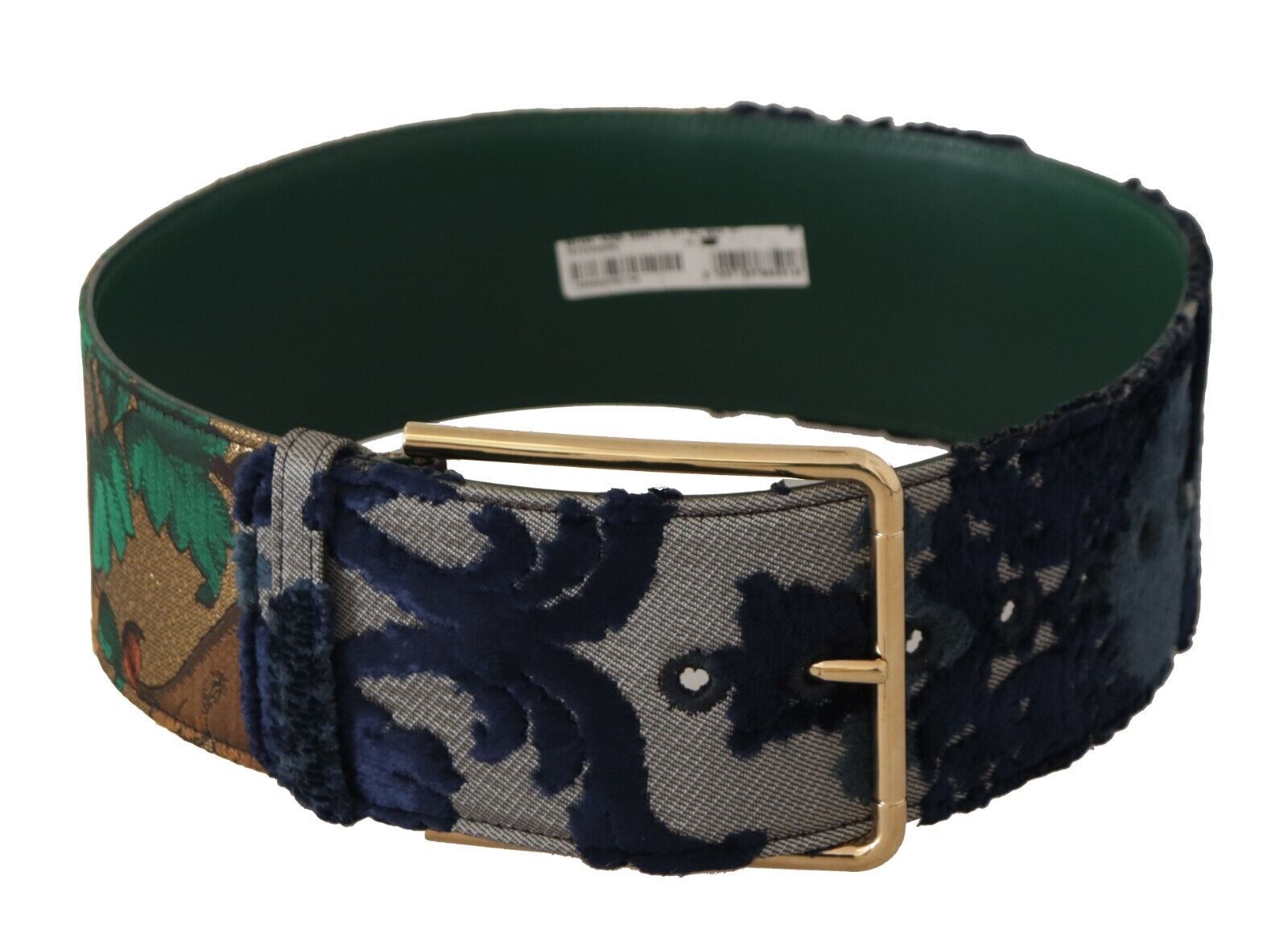 Green Jaquard Embroid Leather Gold Metal Belt - ventzia