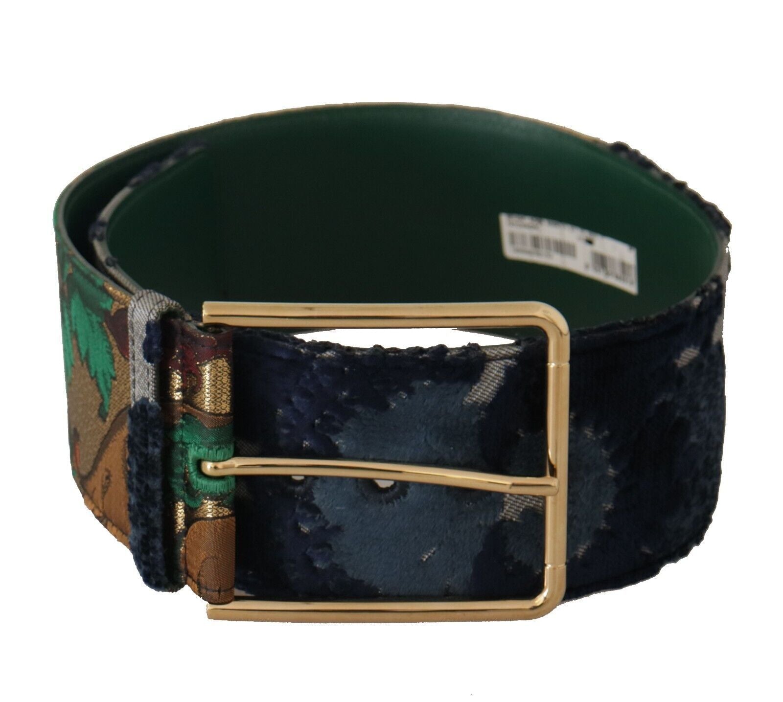 Green Jaquard Embroid Leather Gold Metal Belt - ventzia