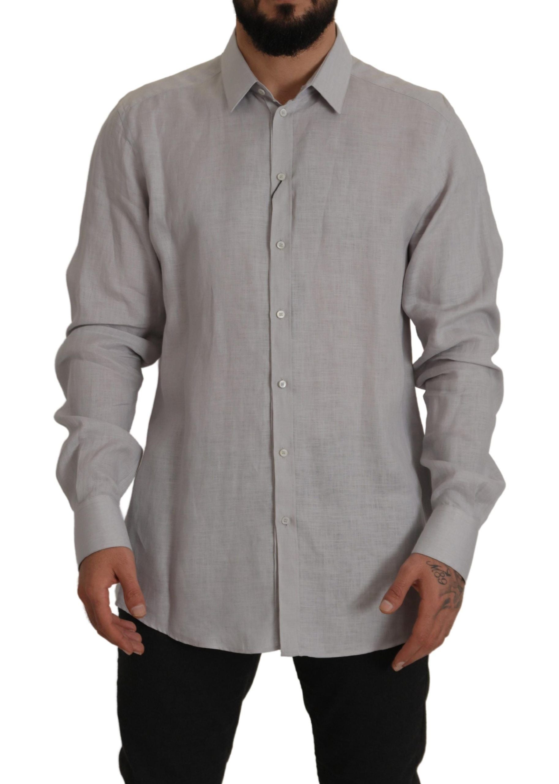 Gray Linen Long Sleeves Formal GOLD Shirt - ventzia