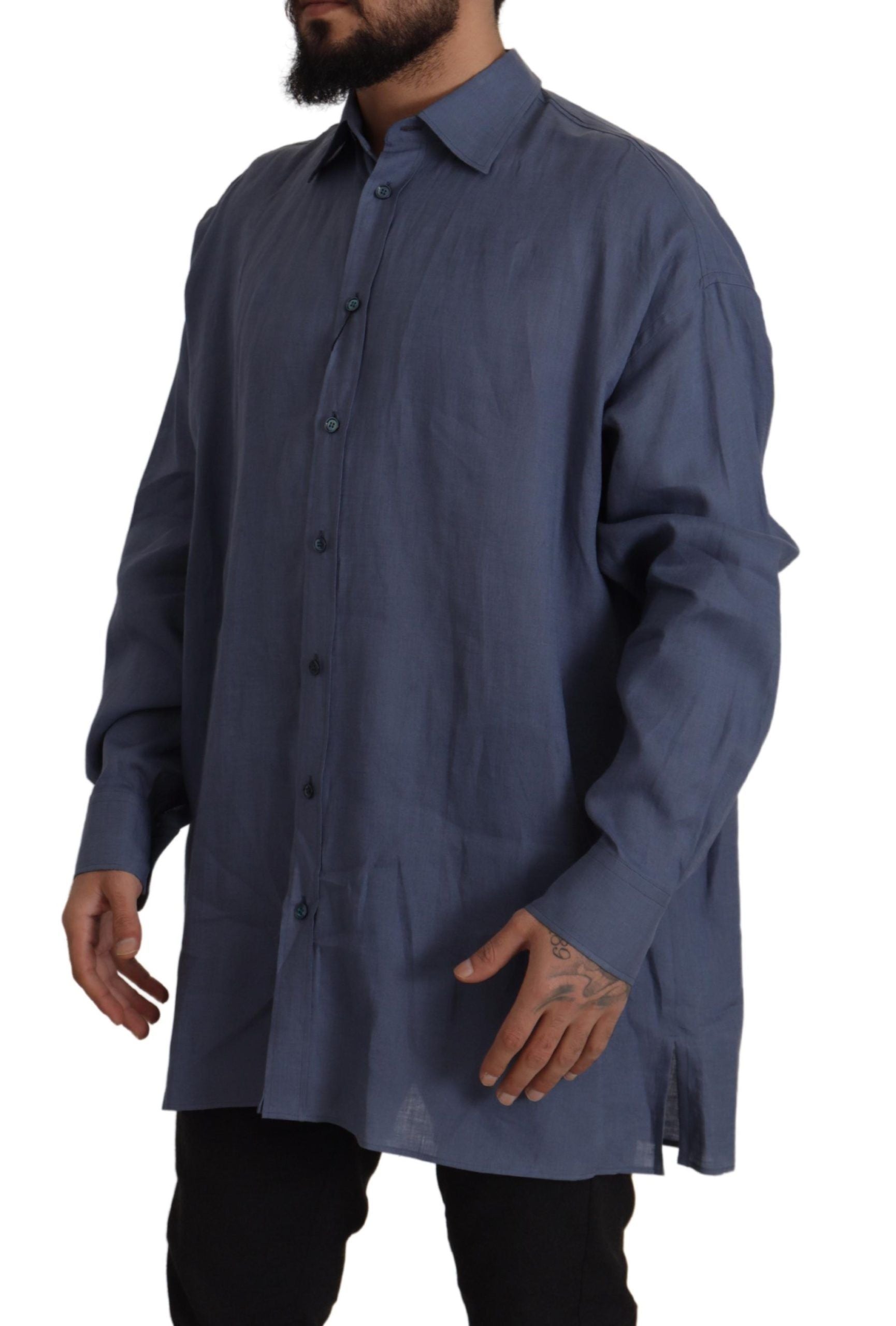 Dark Blue Linen Slim Fit Dress Formal Men Shirt - ventzia