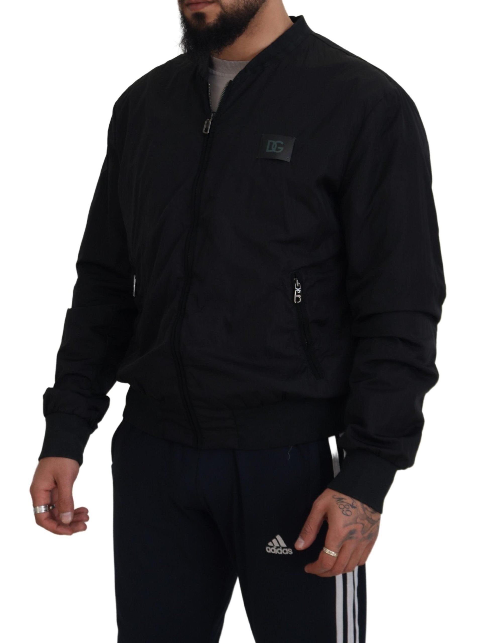 Black Nylon Logo Bomber Zipper Jacket - ventzia
