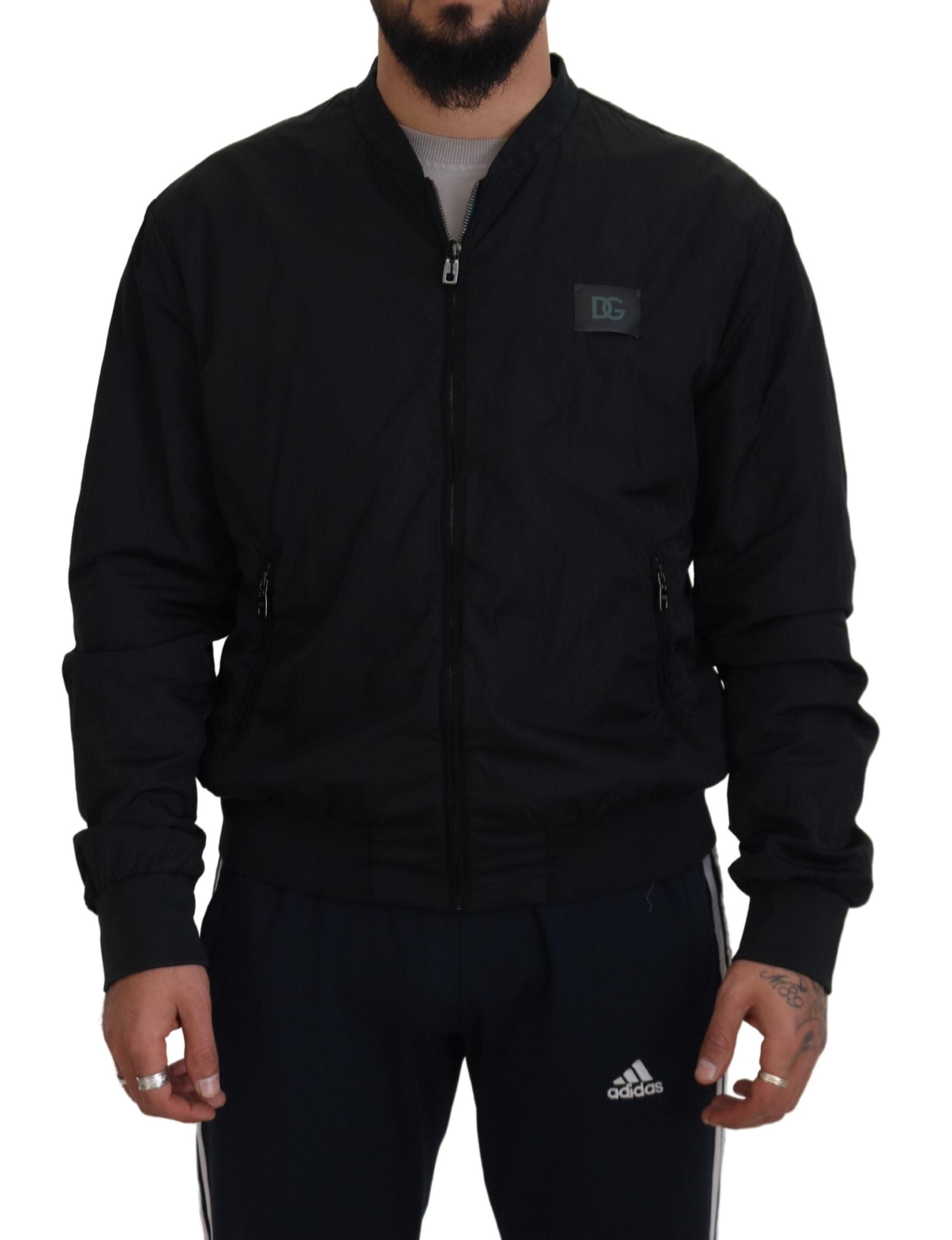 Black Nylon Logo Bomber Zipper Jacket - ventzia