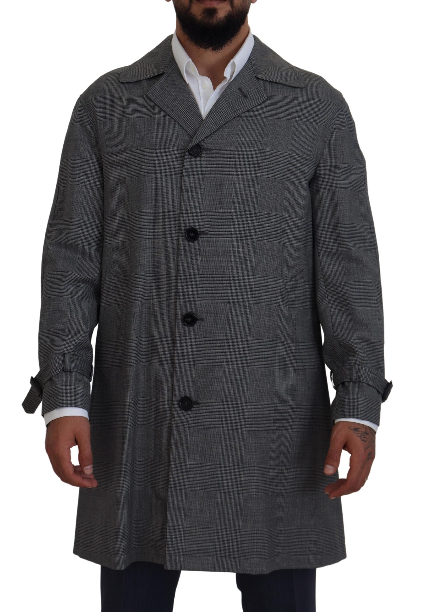 Gray Wool Plaid Long Trench Coat Jacket Trench Coat Jacket - ventzia