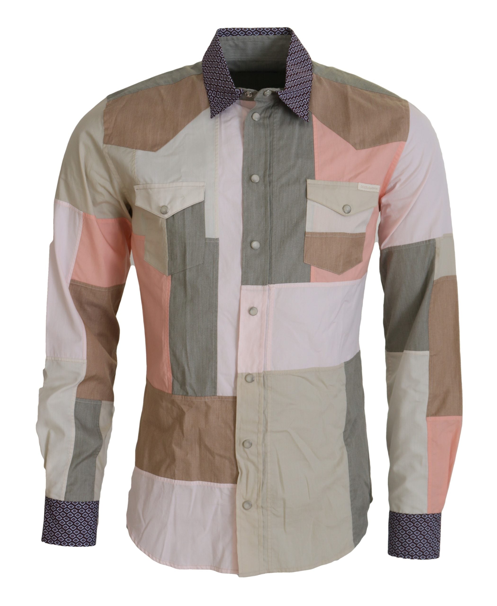 Multicolor Cotton Patchwork Slim Shirt - ventzia