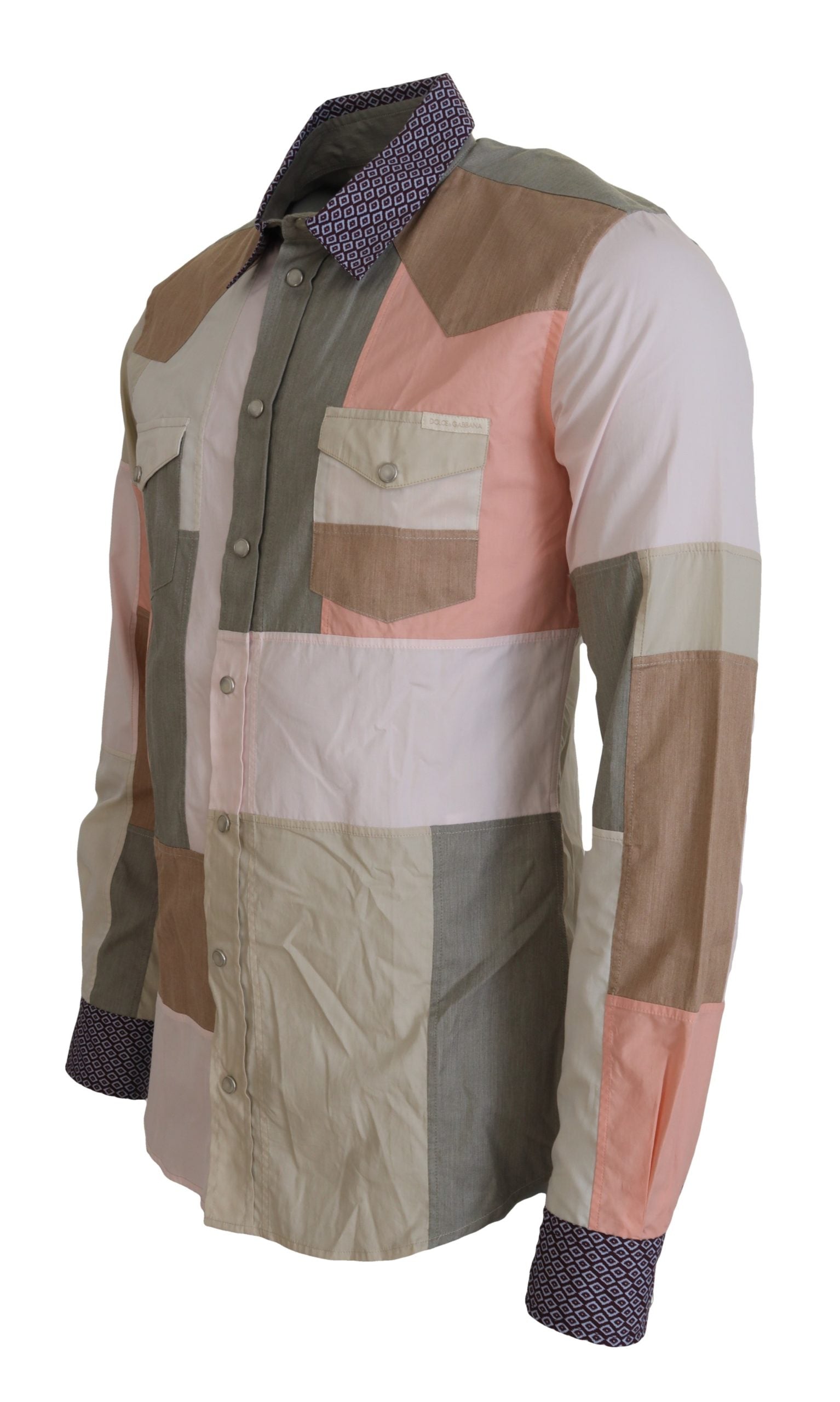 Multicolor Cotton Patchwork Slim Shirt - ventzia