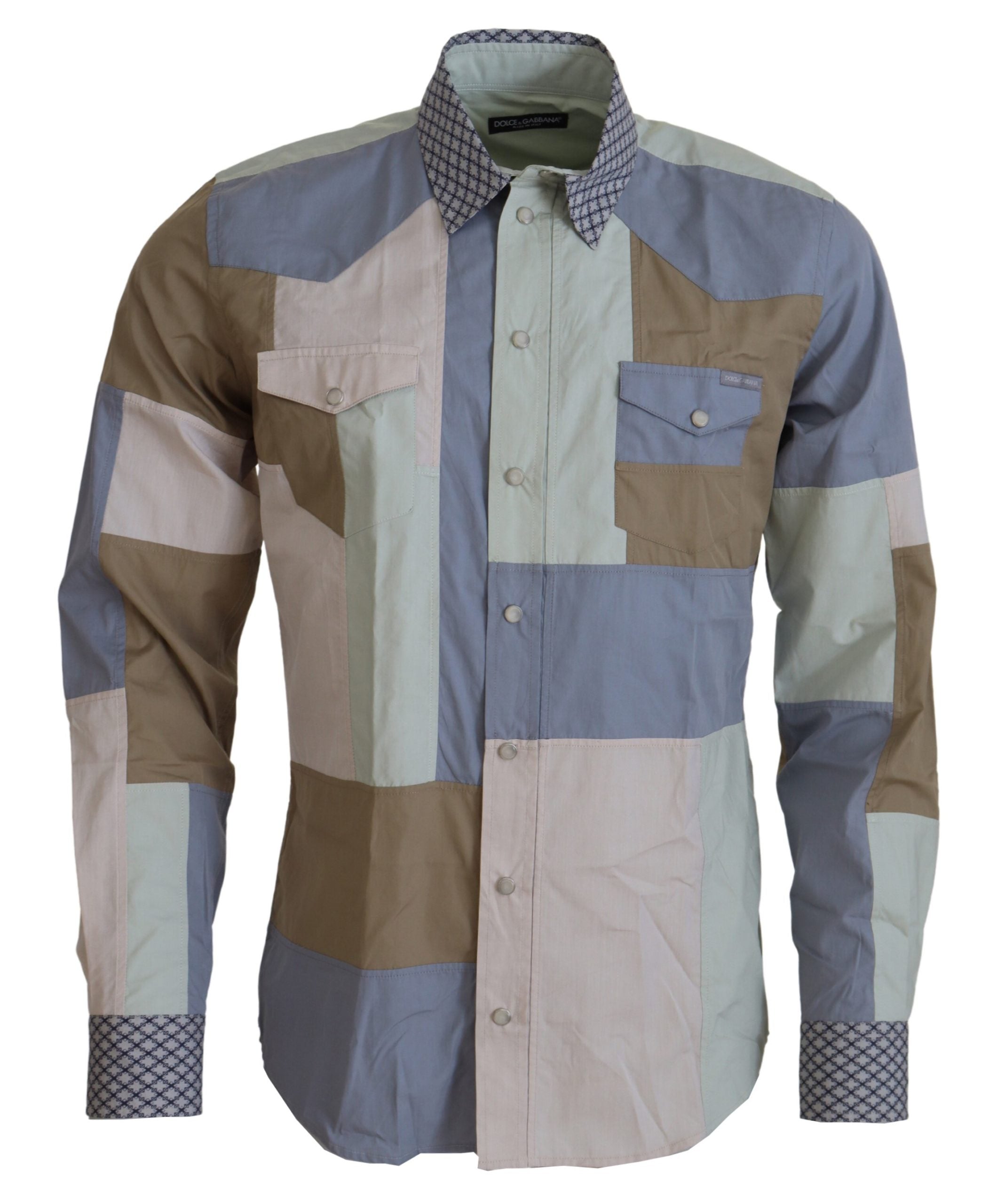 Multicolor Cotton Patchwork Slim Shirt - ventzia