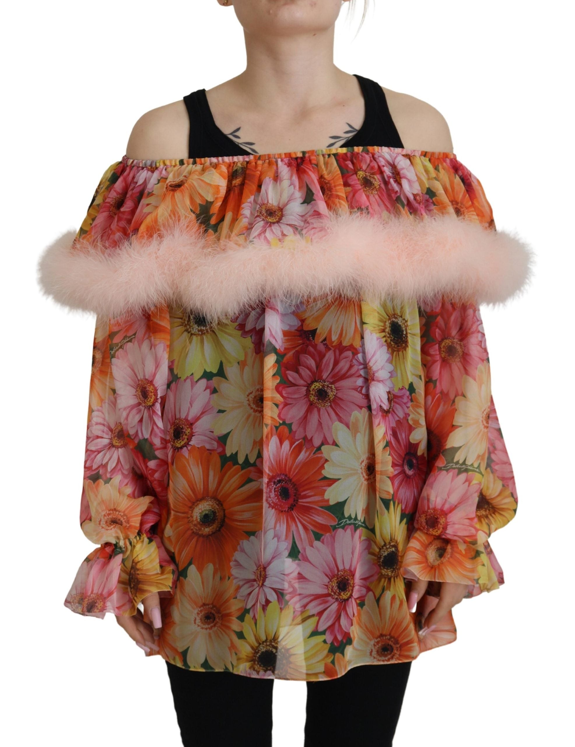 Multicolor Floral Fur Shearling Blouse Top - ventzia