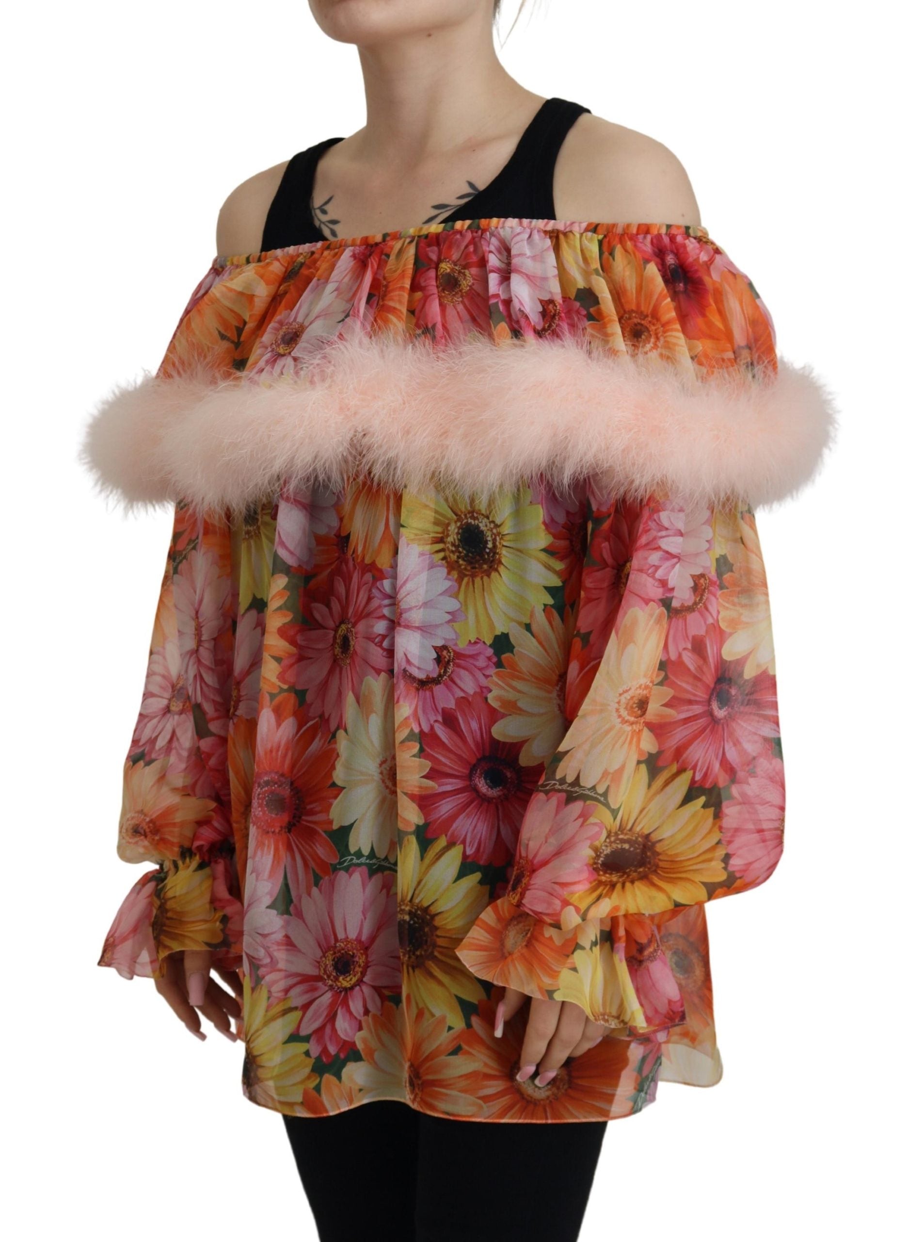 Multicolor Floral Fur Shearling Blouse Top - ventzia