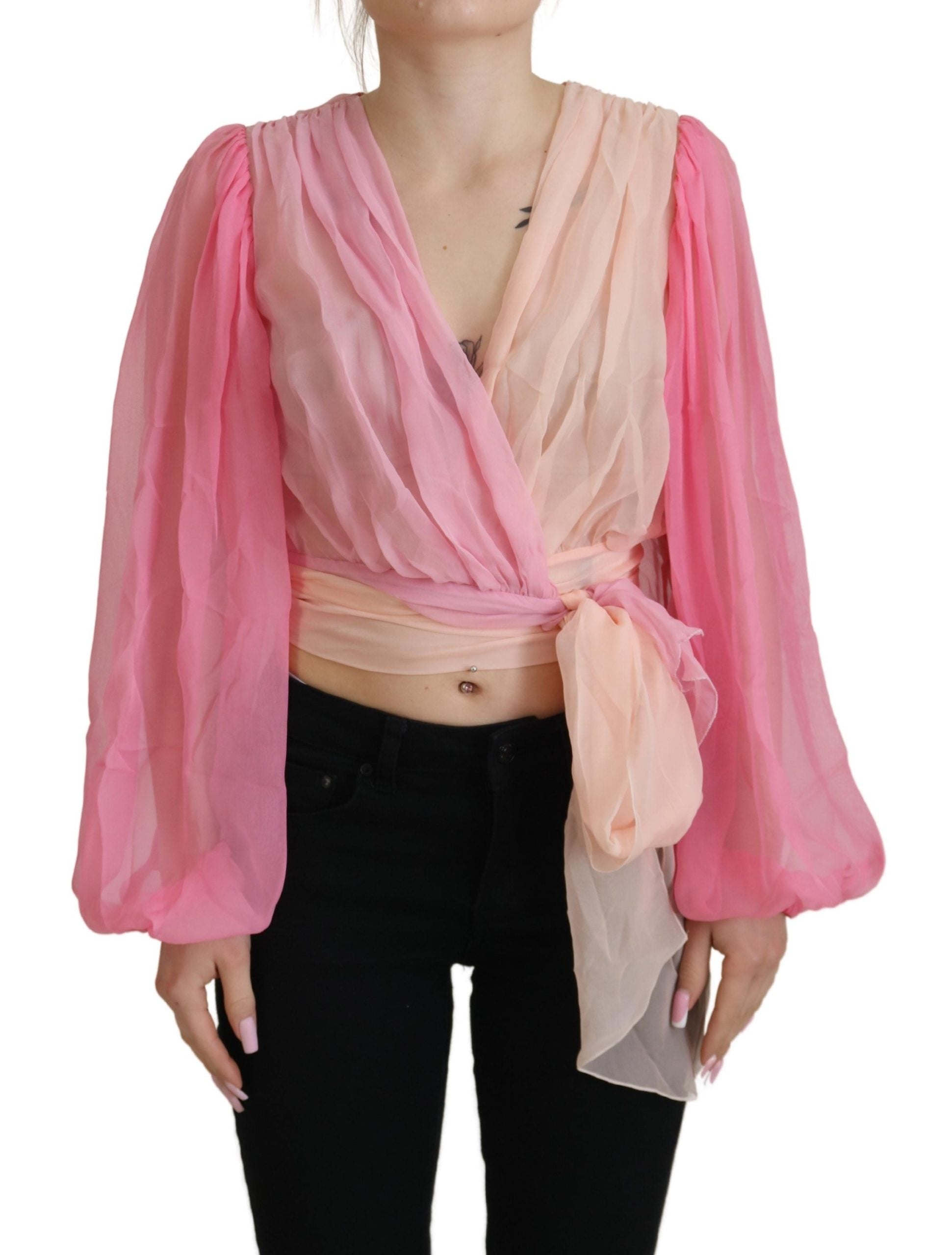 Pink Silk Wrap Long Sleeves Blouse Top - ventzia