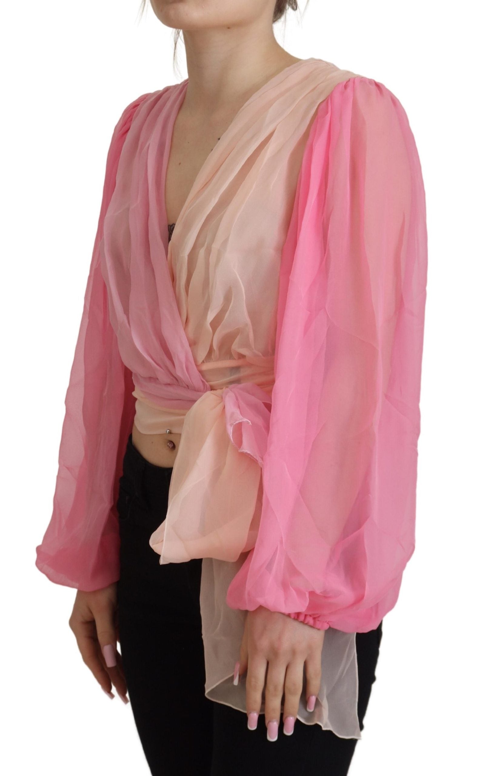 Pink Silk Wrap Long Sleeves Blouse Top - ventzia