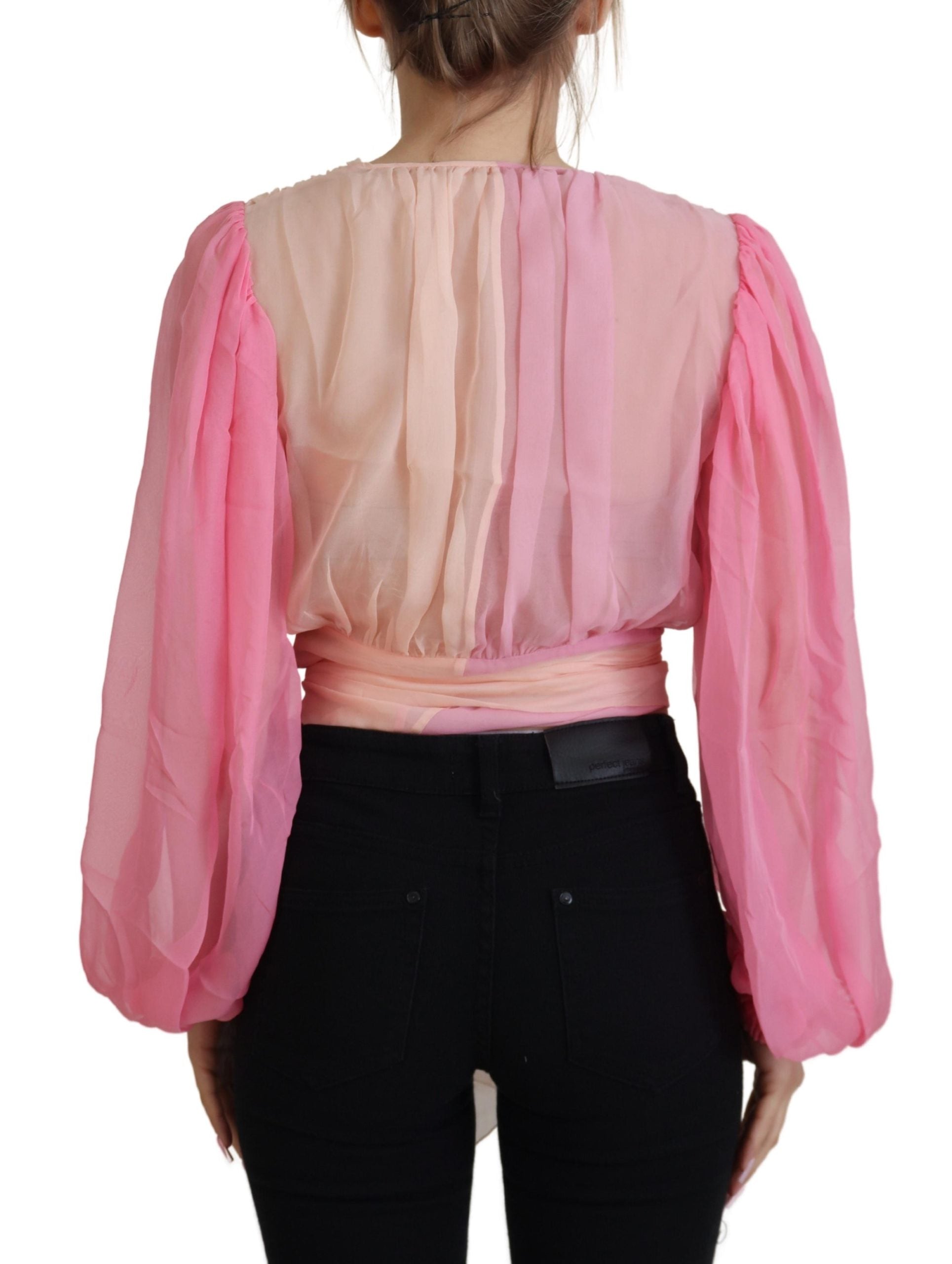 Pink Silk Wrap Long Sleeves Blouse Top - ventzia