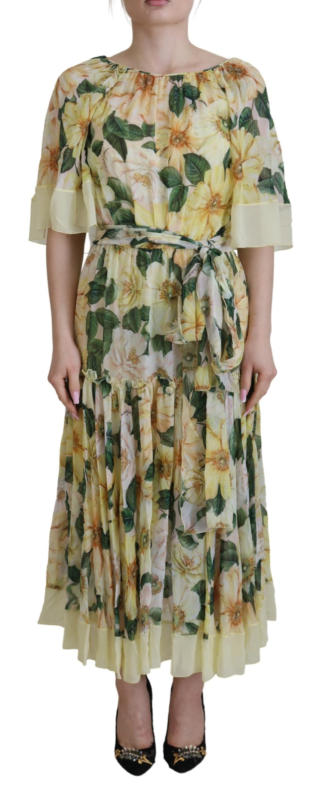 Yellow Floral Print Pleated Maxi Silk Dress - ventzia