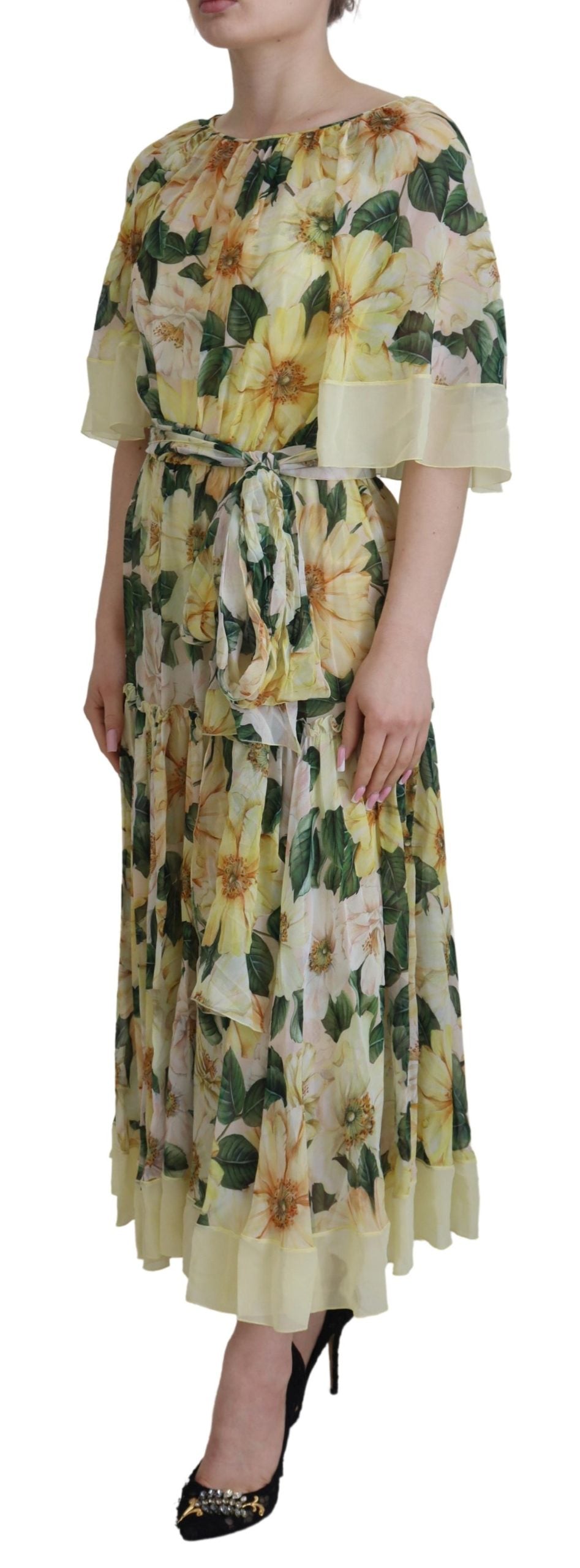 Yellow Floral Print Pleated Maxi Silk Dress - ventzia