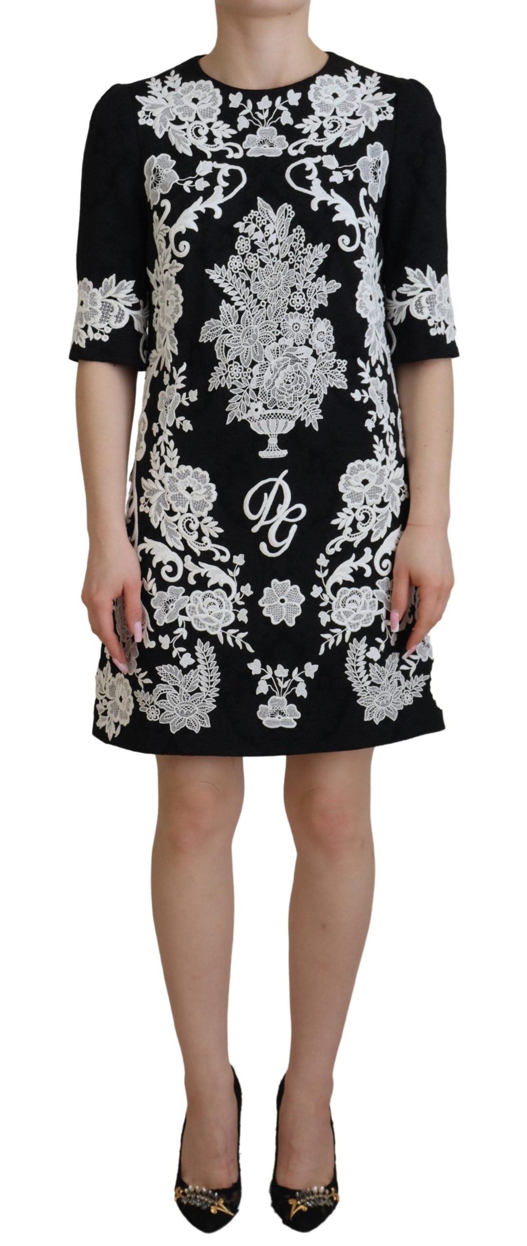 Black Lace Trim Half Sleeves A-line Dress - ventzia