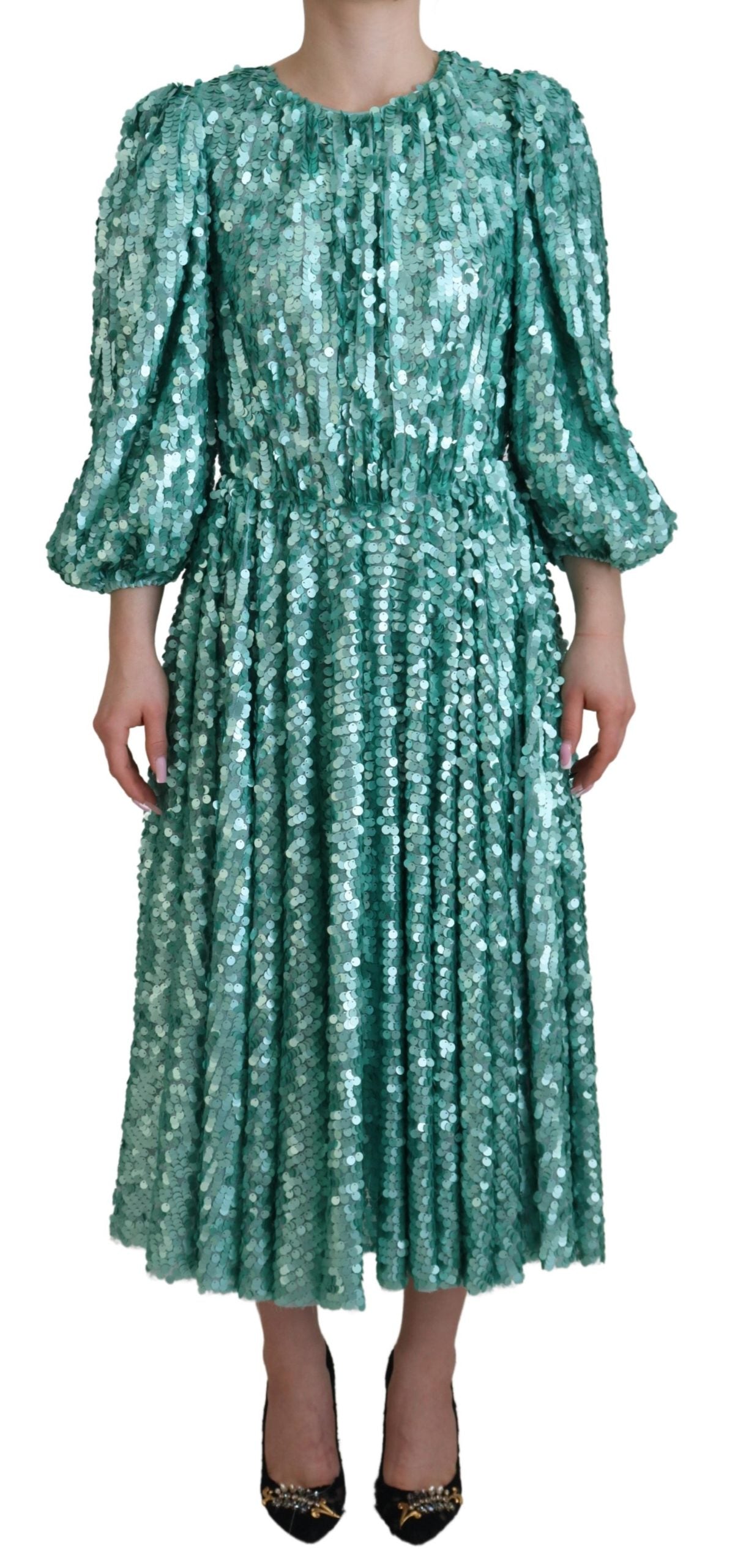 Blue Sequined Pleated Aline Midi Nylon Dress - ventzia