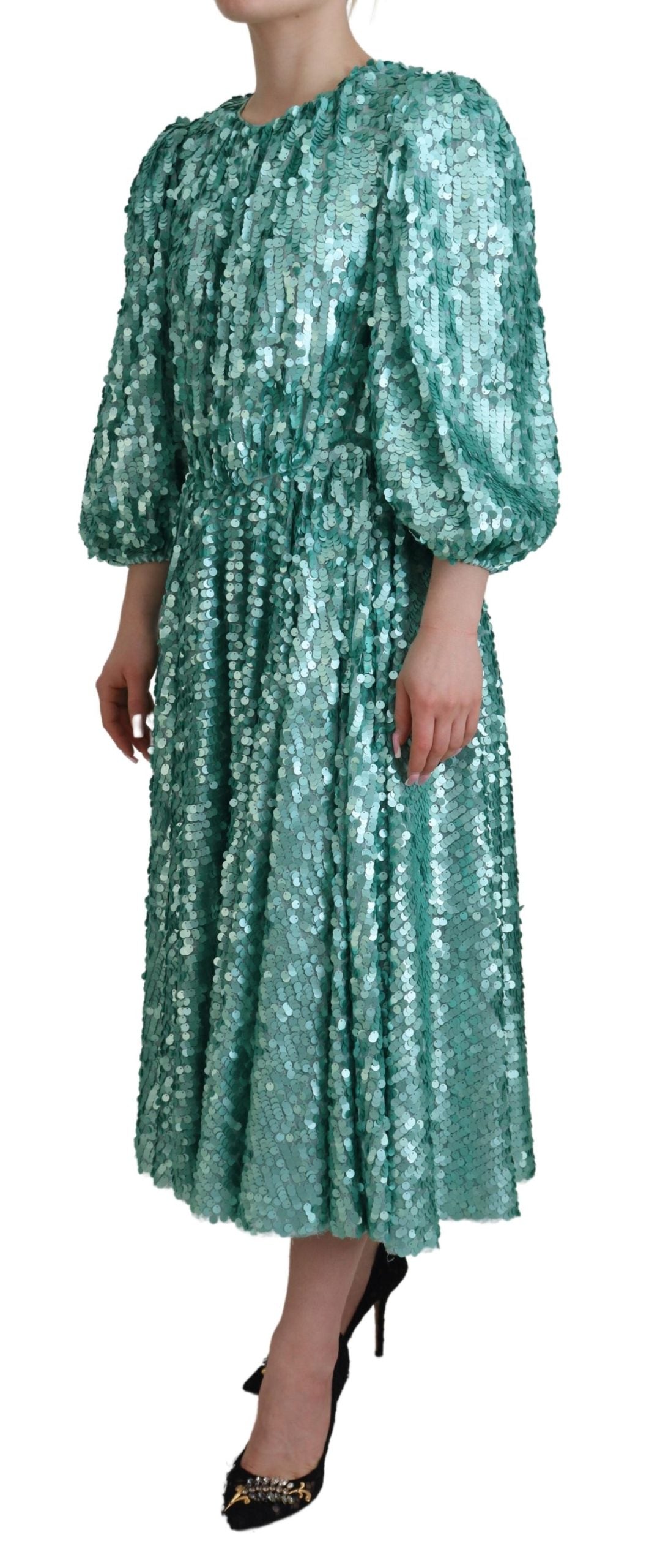 Blue Sequined Pleated Aline Midi Nylon Dress - ventzia