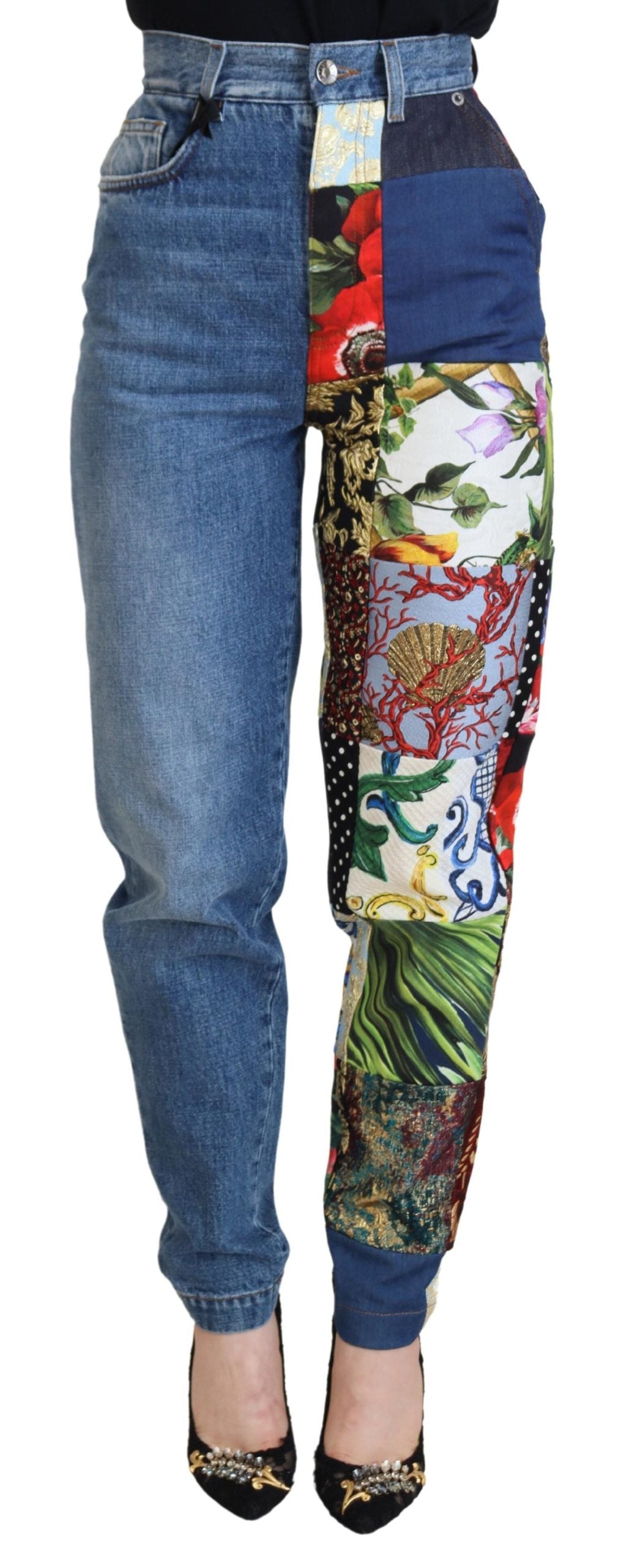 Blue Jacquard Majolica High Waist Jeans - ventzia