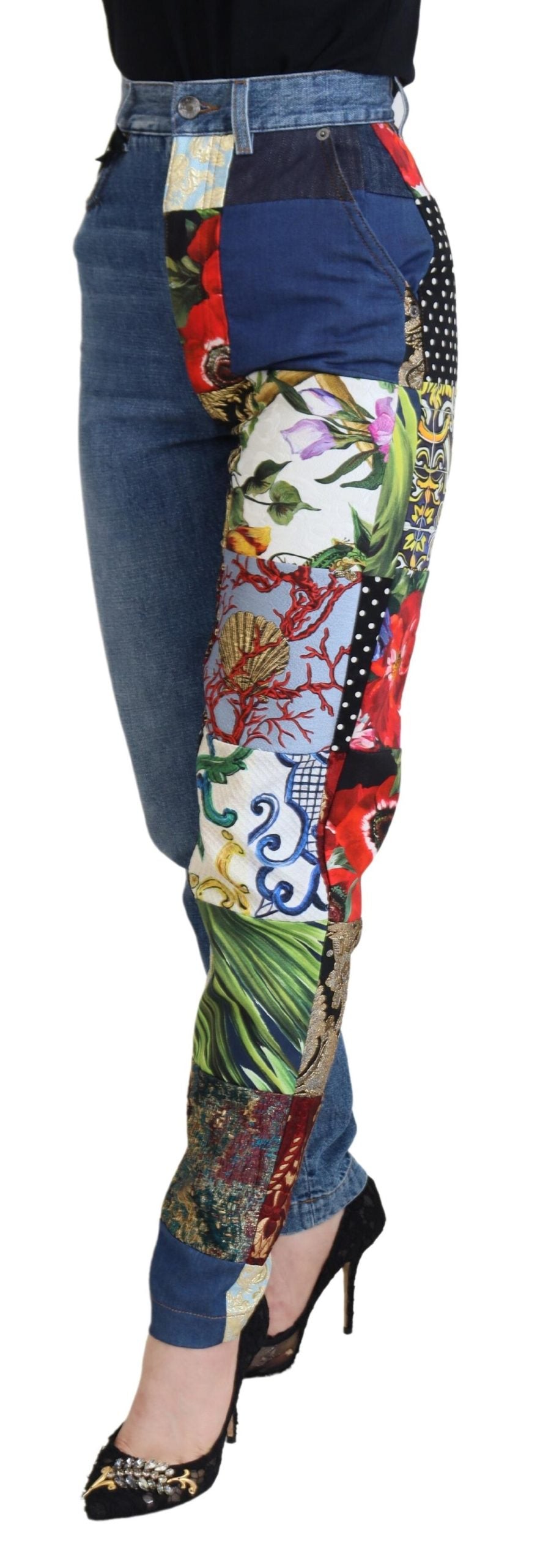Blue Jacquard Majolica High Waist Jeans - ventzia