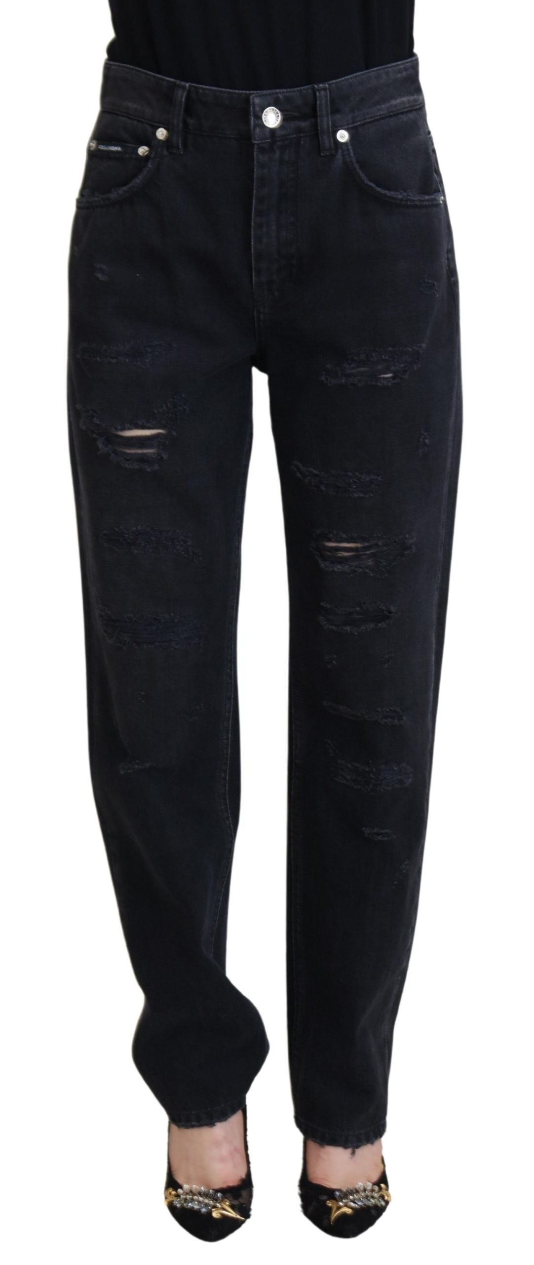 Black Cotton Tattered High Waist Denim Jeans - ventzia