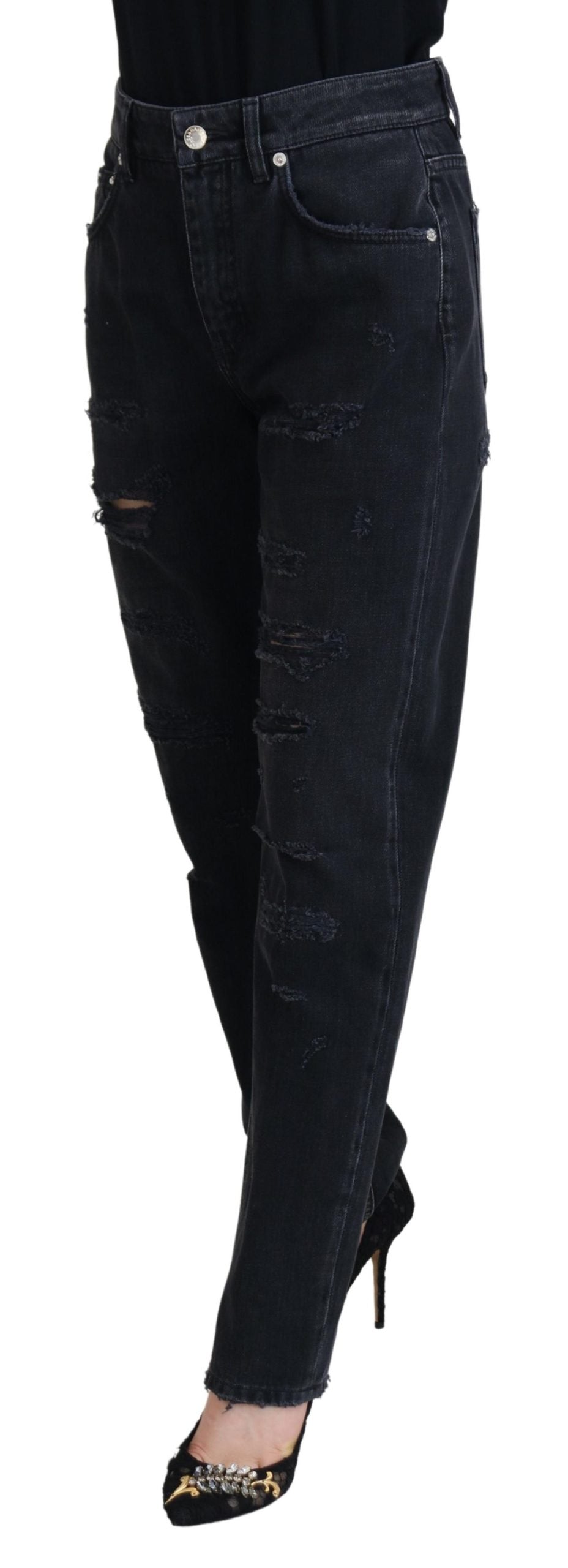 Black Cotton Tattered High Waist Denim Jeans - ventzia