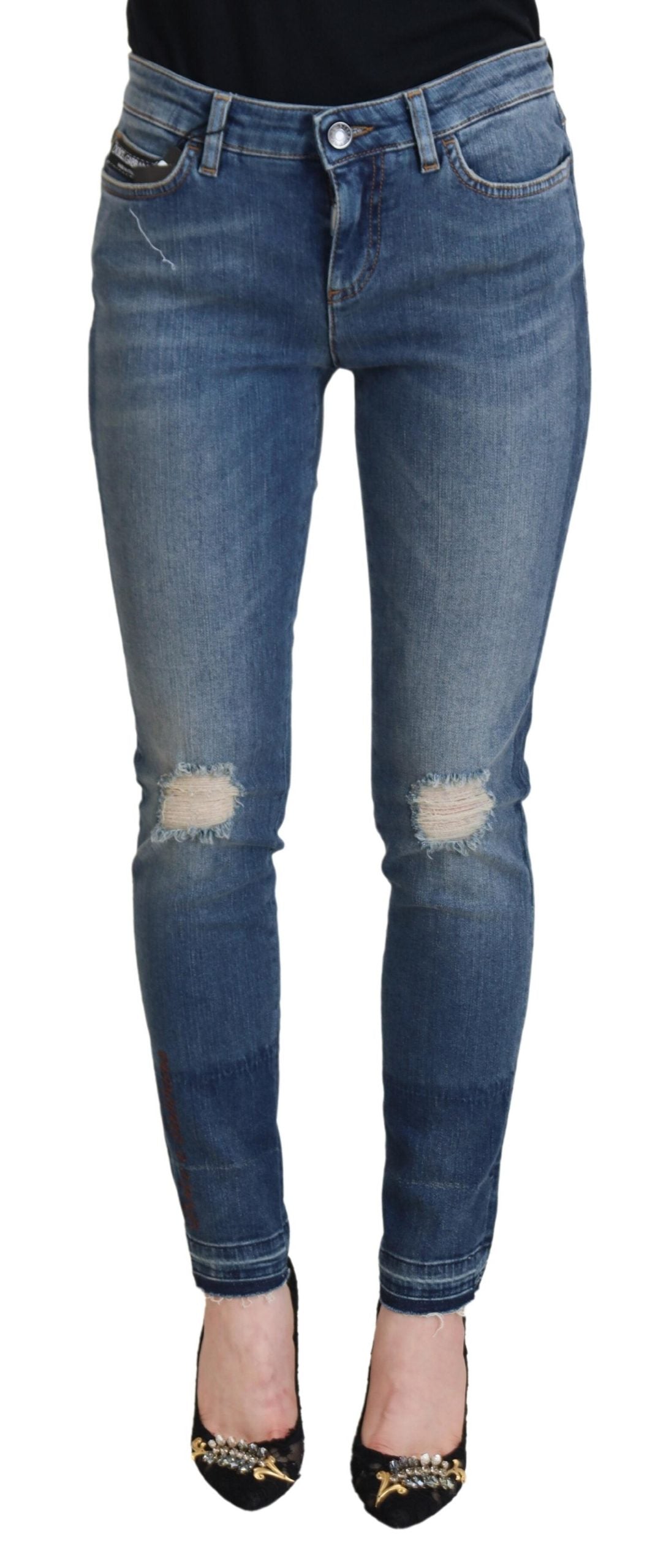 Blue Washed Cotton Tattered Denim Jeans - ventzia