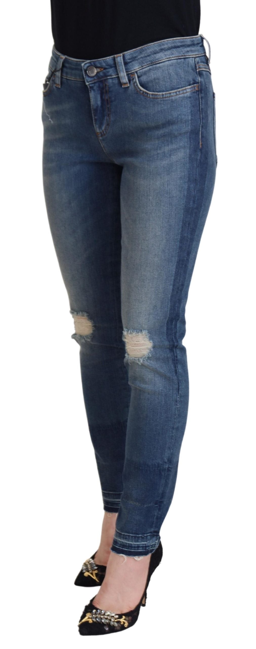 Blue Washed Cotton Tattered Denim Jeans - ventzia
