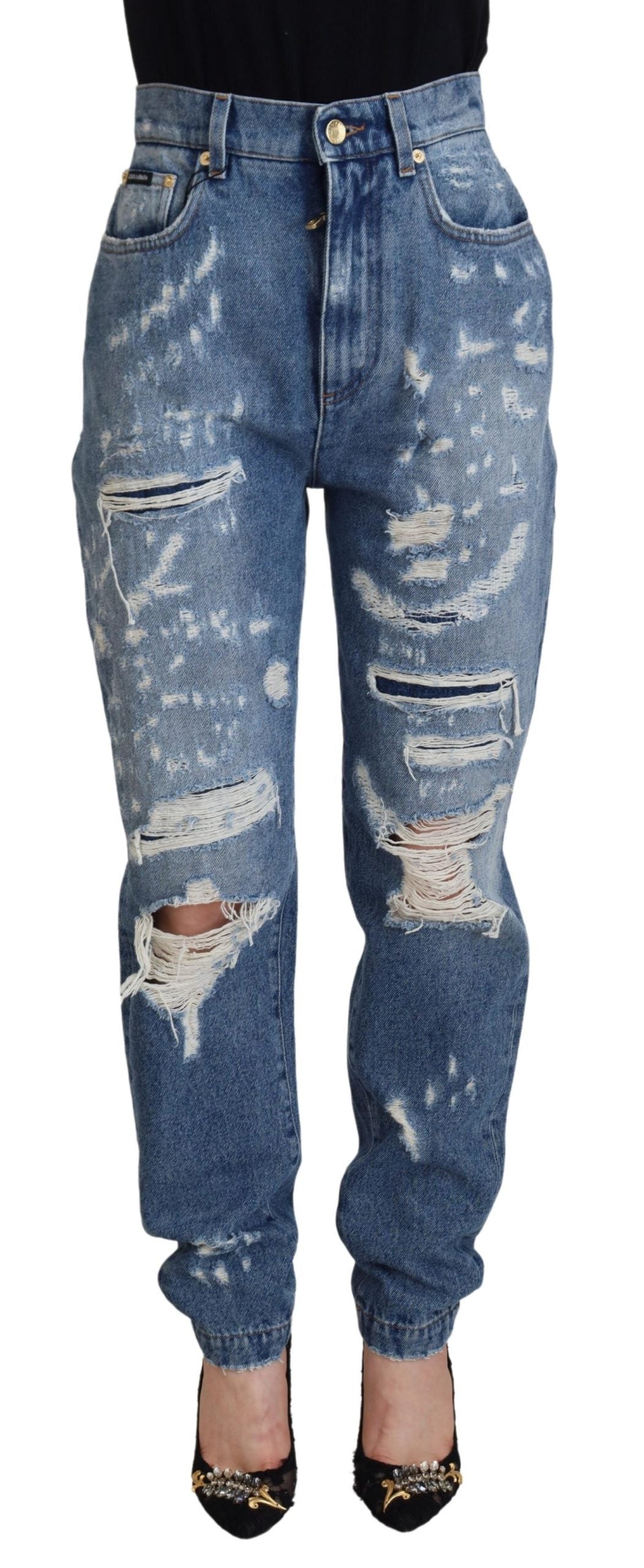 Blue Washed Cotton Tattered Denim Jeans - ventzia