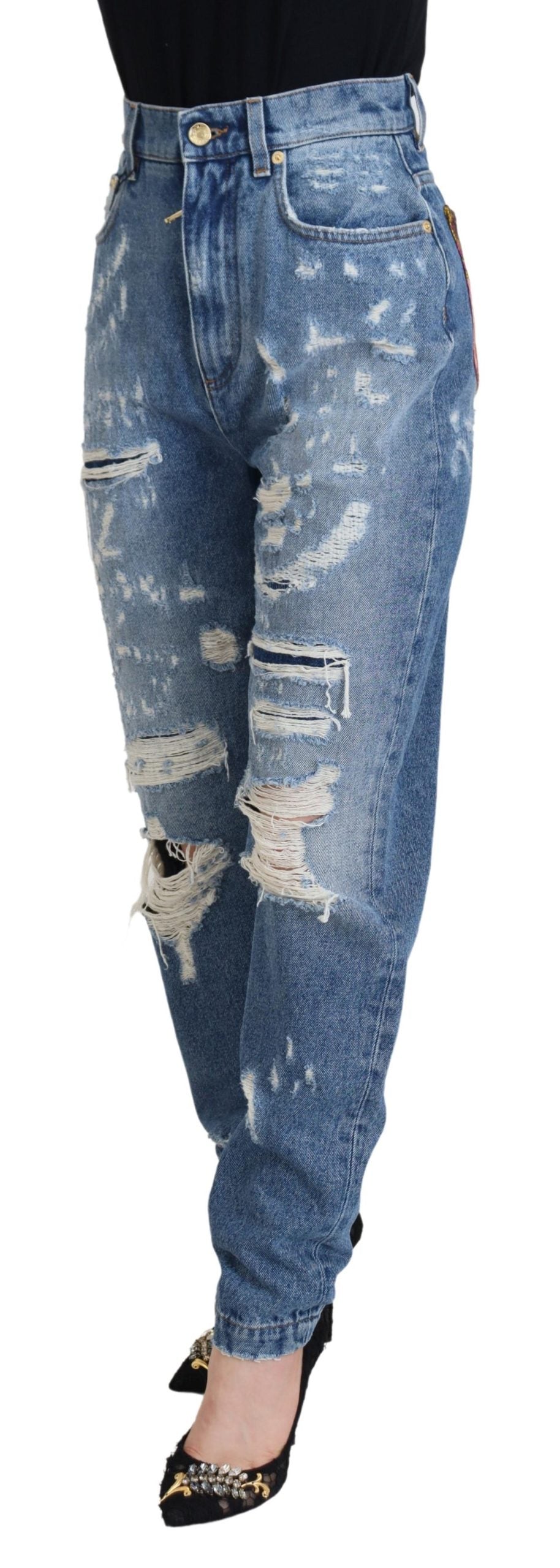 Blue Washed Cotton Tattered Denim Jeans - ventzia