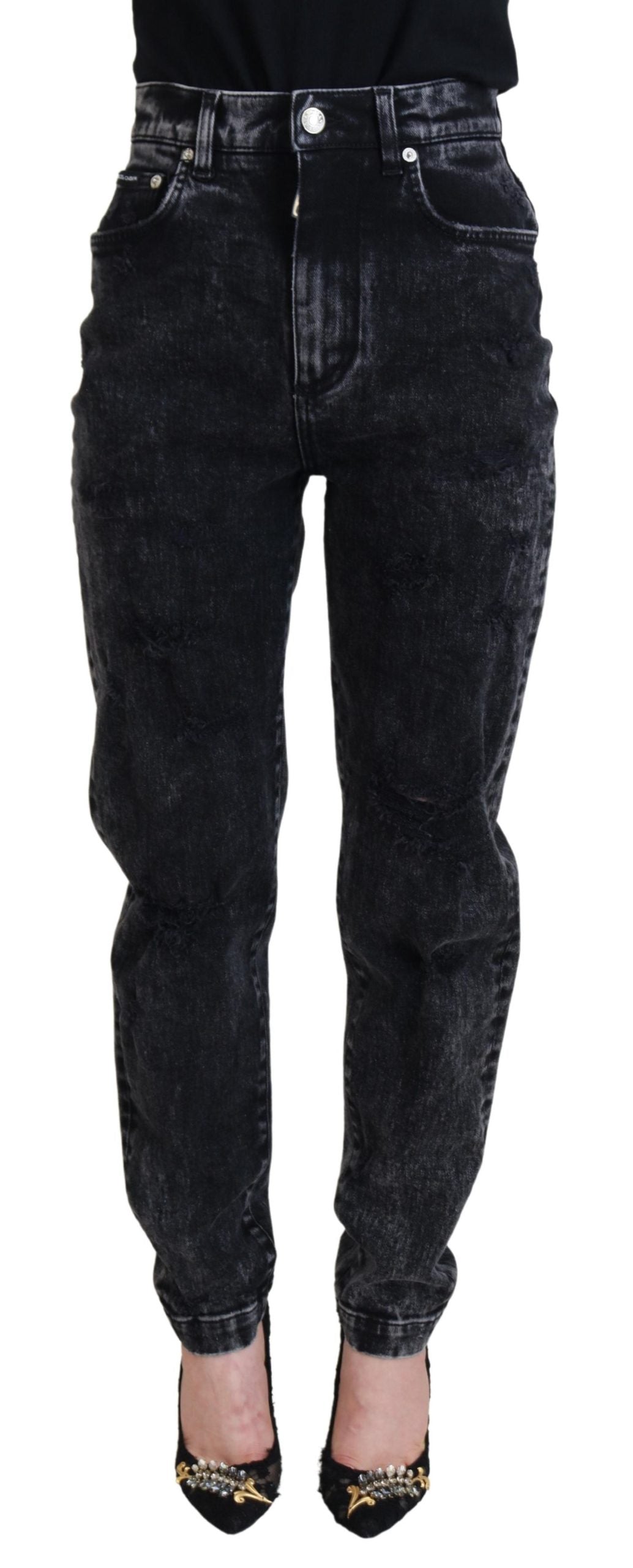 Black Washed Cotton High Waist Denim Jeans - ventzia