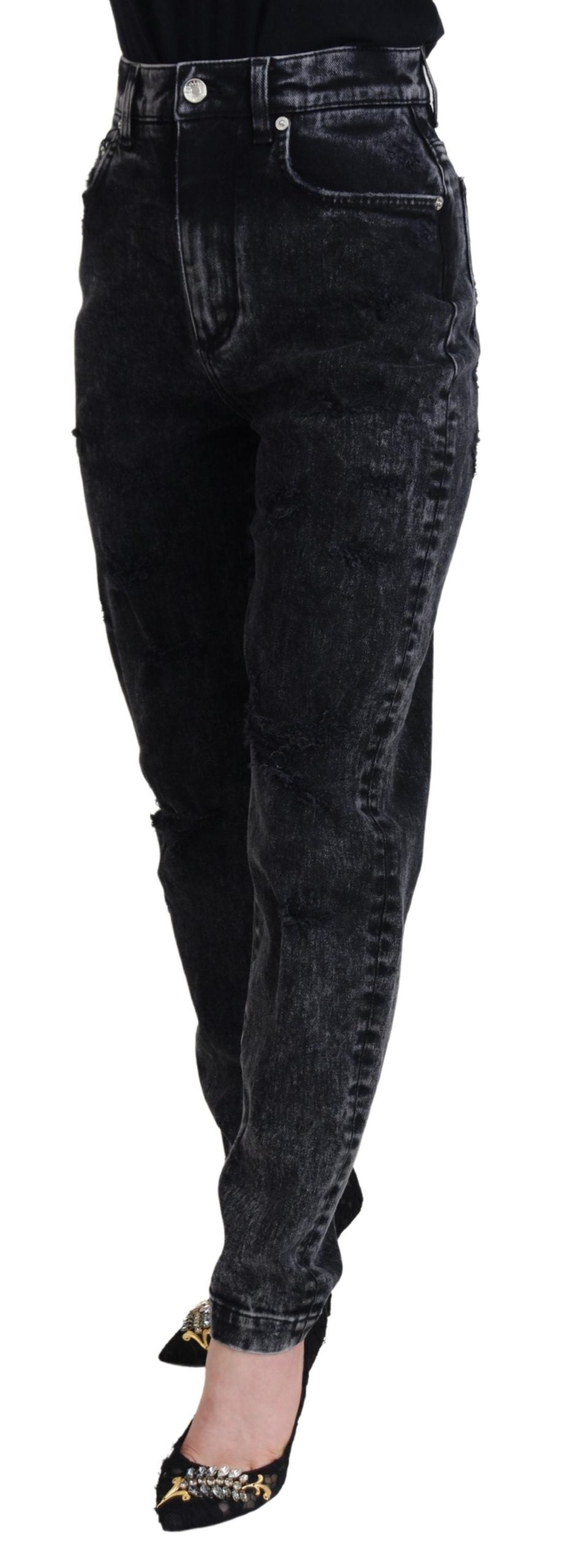 Black Washed Cotton High Waist Denim Jeans - ventzia