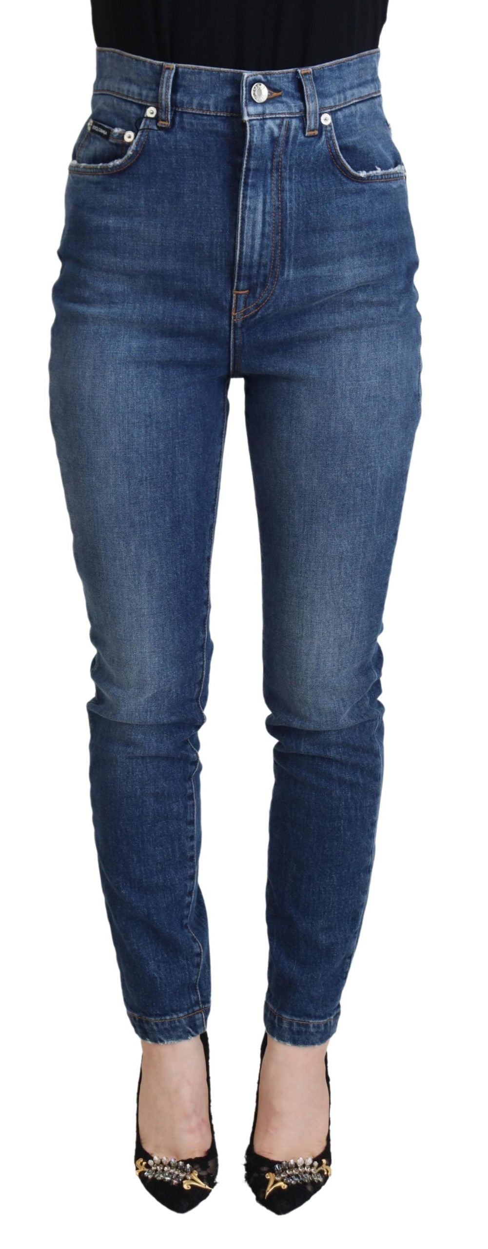Blue Cotton High Waist Skinny Denim Jeans - ventzia