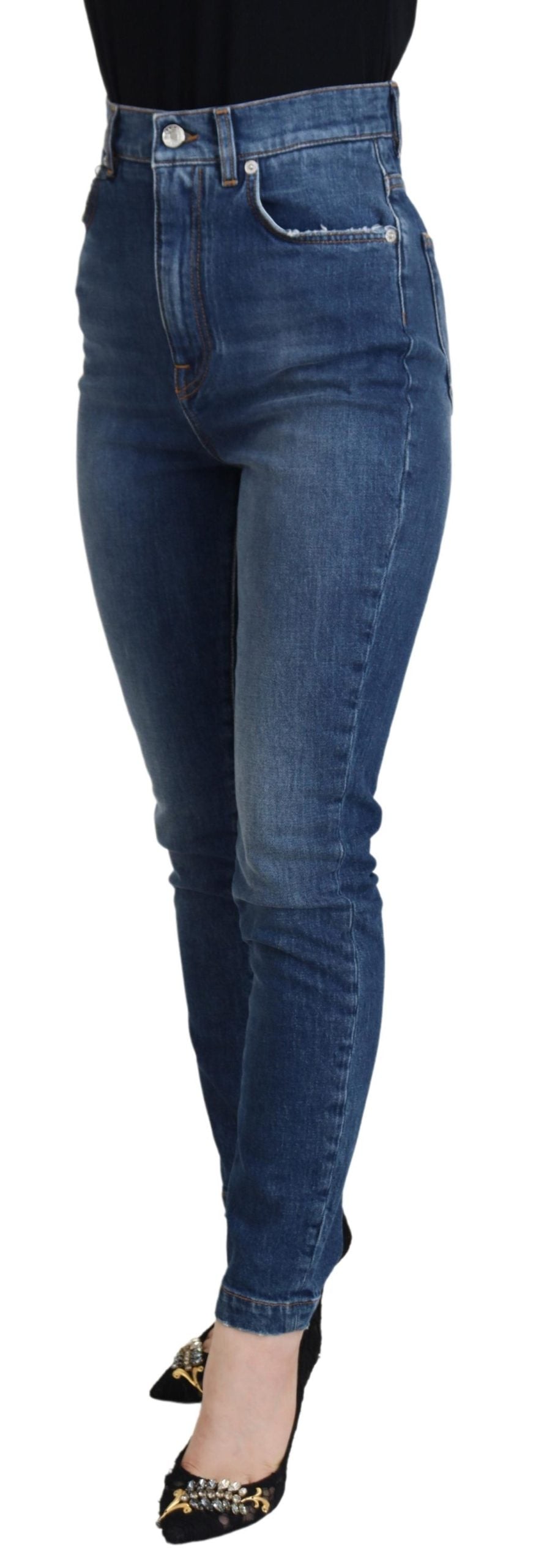 Blue Cotton High Waist Skinny Denim Jeans - ventzia