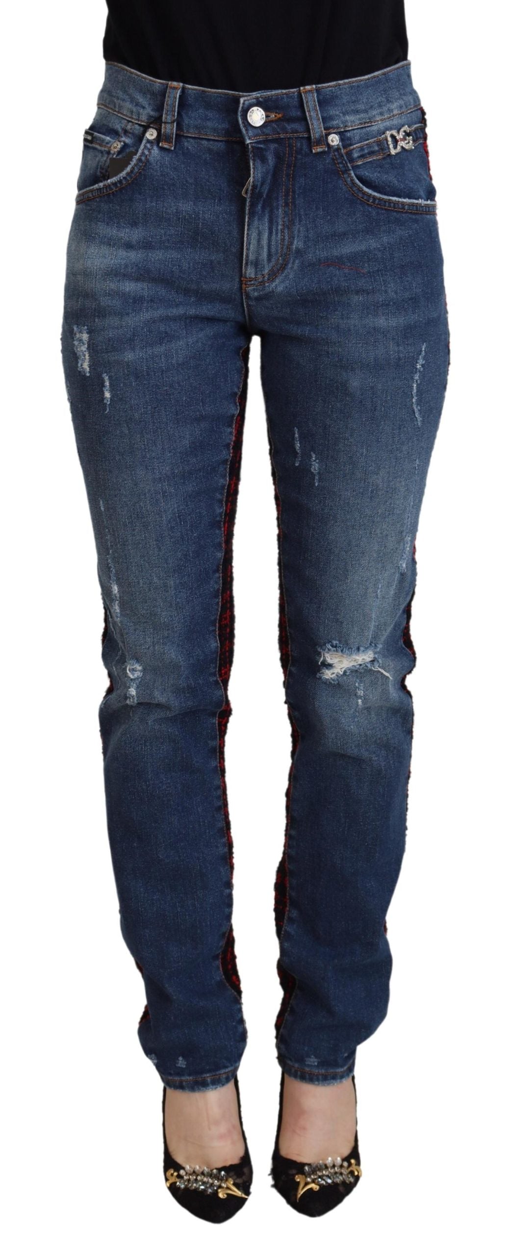 Blue Checkered Back Skinny Denim Jeans - ventzia